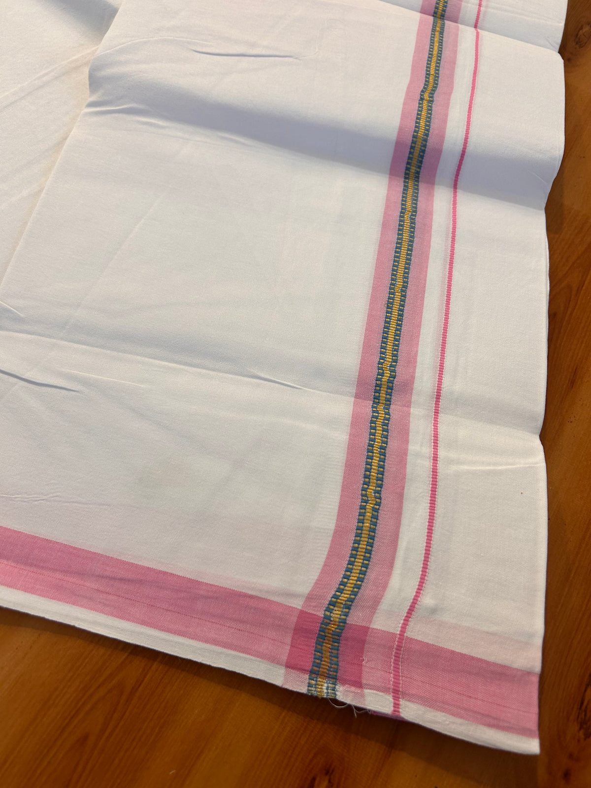 Single Pure White Mundu/Dhoti - 25% Discount ! KaithariKada 100% Cotton Kerala Handloom - 0.75 inch Gold Kasav Pink & Blue Striped Kara (2 meter / 4 muzham) - 5 KK5534 KAI