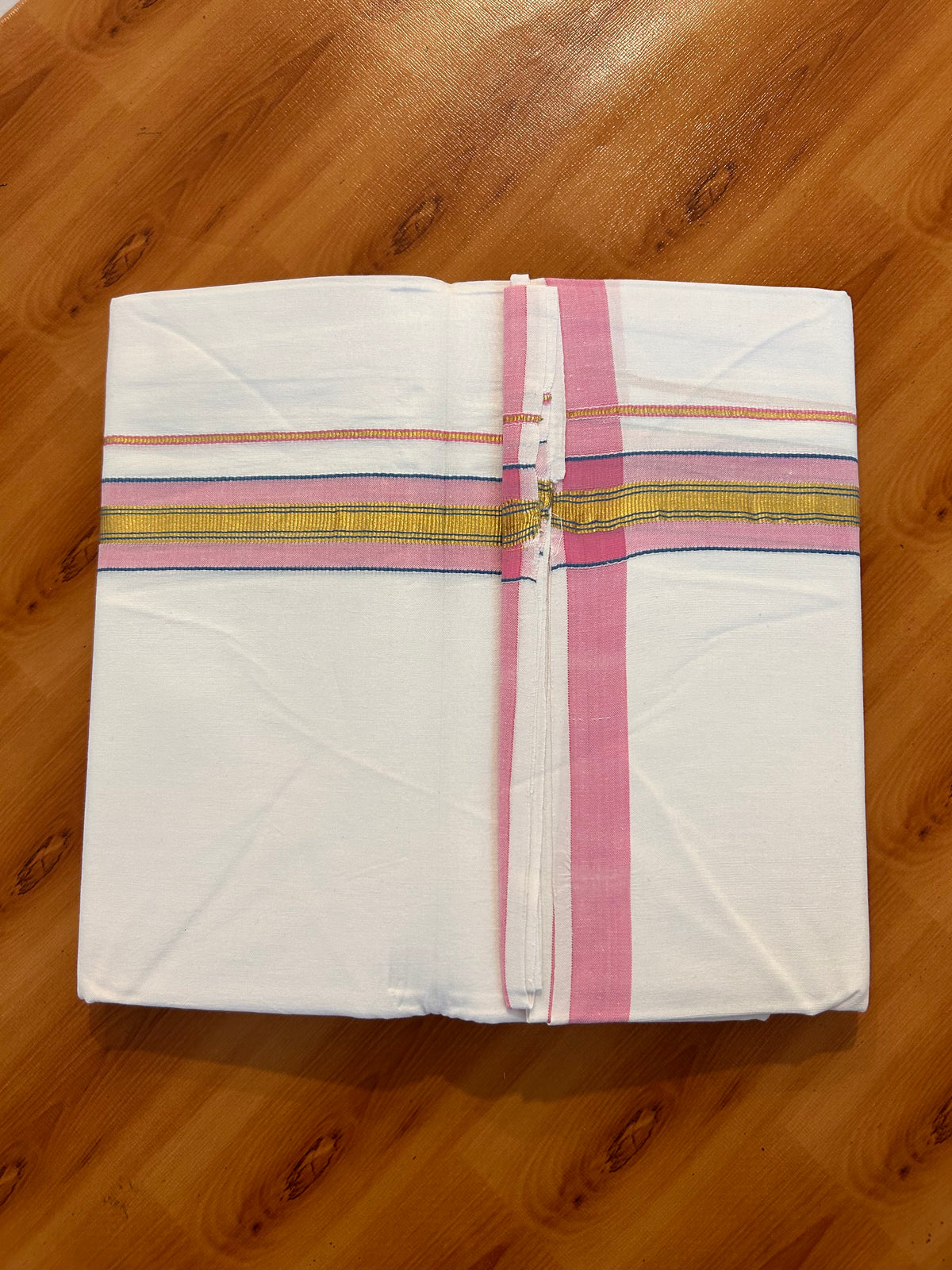 Single Pure White Mundu/Dhoti - 25% Discount ! KaithariKada 100% Cotton Kerala Handloom - 1.5 inch Gold Kasav Pink & Blue Striped Kara (2 meter / 4 muzham) - 6 KK5534 KAI