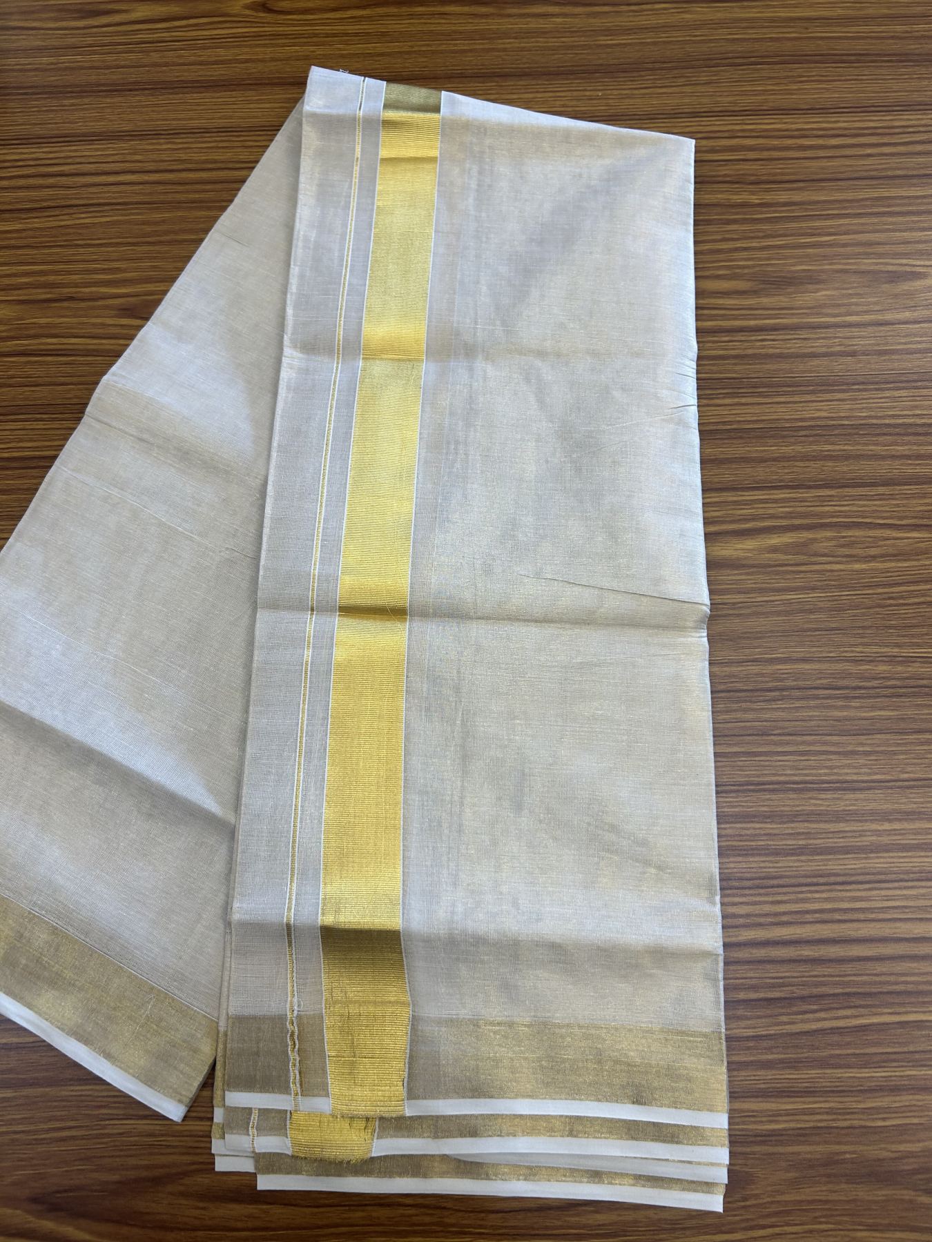 20% Discount! KaithariKada Balaramapuram 100% Cotton 100x80 - Gold Kasav Tissue Double Dhoti/Mund 1.5 inch gold kara 3.90m (8 muzham)- 9 KK5313 PMC