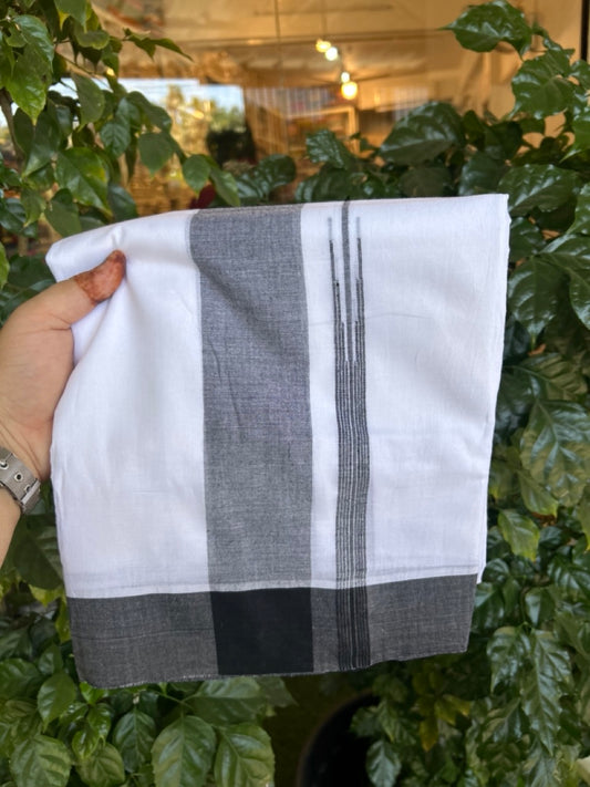 20% Discount! KaithariKada Balaramapuram 100% Cotton Double Pure white Mundu/Dhoti- 60s - 2.25 inch Black One Side Chutty kara - 3.90mtr ( 8 muzham) - 80 KK5279 CKS