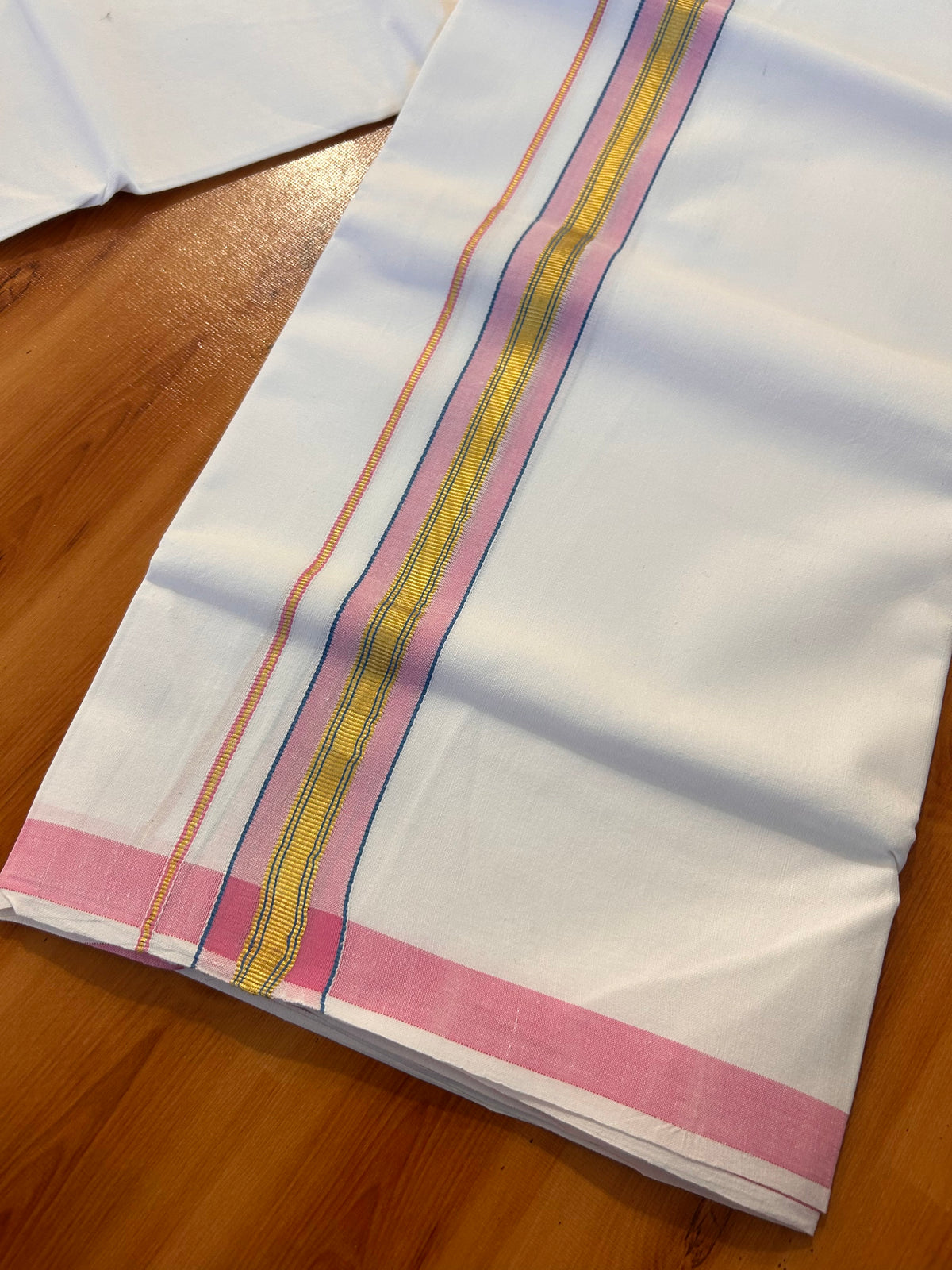 Single Pure White Mundu/Dhoti - 25% Discount ! KaithariKada 100% Cotton Kerala Handloom - 1.5 inch Gold Kasav Pink & Blue Striped Kara (2 meter / 4 muzham) - 6 KK5534 KAI