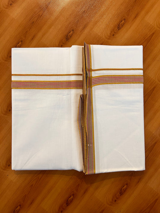 Single Pure White Mundu/Dhoti - 20% DISCOUNT!! KaithariKada 100% Cotton - 40X40 - Gold Kasav & Multi Colour Striped Kara (2 meter / 4 muzham) - 11 KK5534 TKD