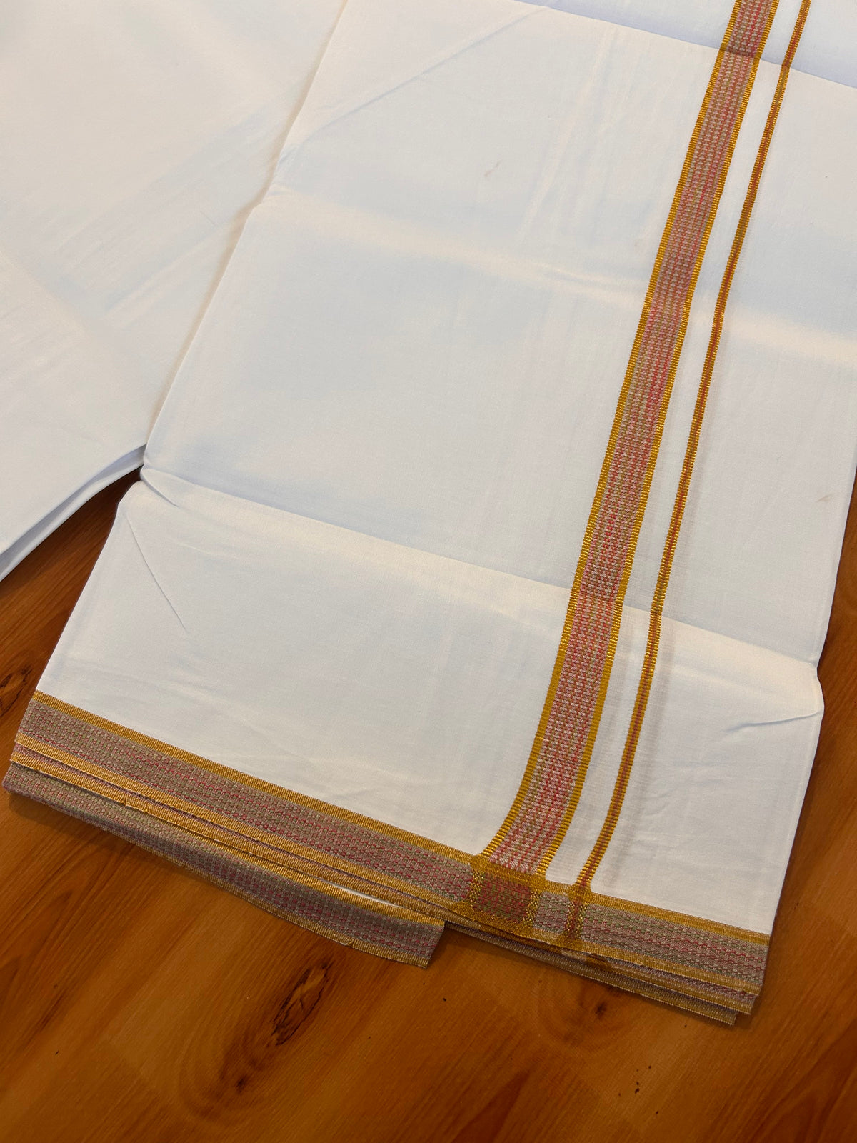 Single Pure White Mundu/Dhoti - 20% DISCOUNT!! KaithariKada 100% Cotton - 40X40 - Gold Kasav & Multi Colour Striped Kara (2 meter / 4 muzham) - 11 KK5534 TKD