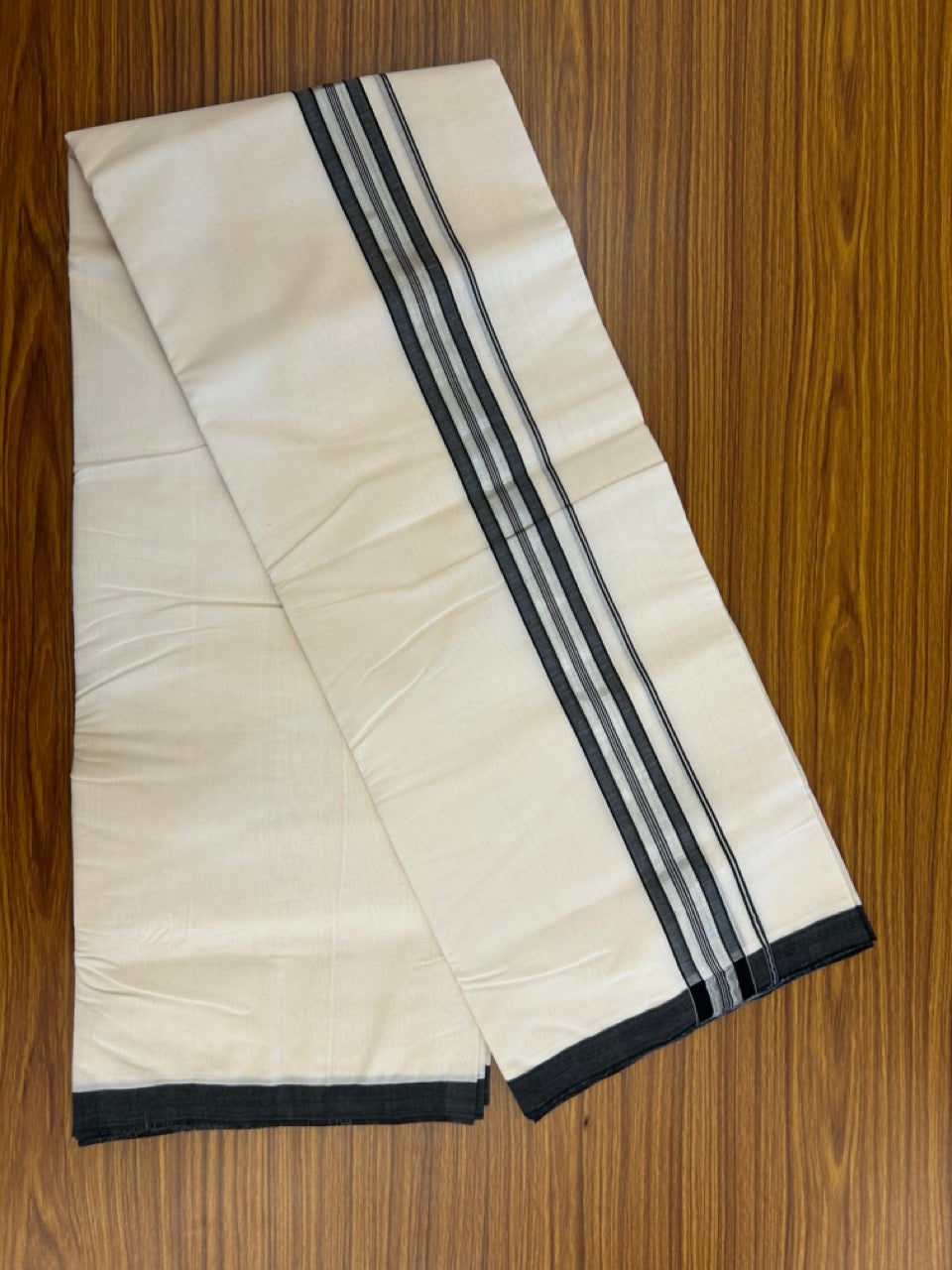 25% Discount ! KaithariKada Handloom Millpaav Balaramapuram - 100% PURE Cotton OFF White (Unbleached) Double Mundu/Dothi - 80x90 - 1.5 inch Silver Kasav & Black Shaded Striped Kara 4 Meters (8.5 Muzham) - 23 KK5256 RAM