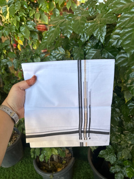 20% Discount! KaithariKada Balaramapuram 100% Cotton Double Pure white Mundu/Dhoti- 100x100 - 0.5 inch Silver Black Striped One Side Double Chutty kara - 3.90mtr ( 8 muzham) - 73 KK5279 CKS
