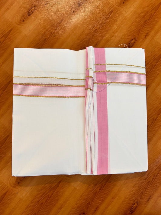 Single Pure White Mundu/Dhoti - 25% Discount ! KaithariKada 100% Cotton Kerala Handloom - 0.75 inch Pink & Gold Kasav Striped Kara (2 meter / 4 muzham) - 1 KK5534 KAI