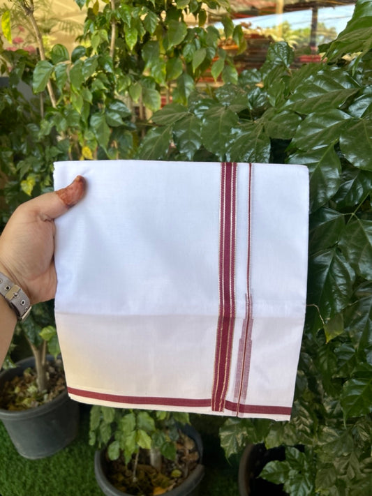 20% Discount! KaithariKada Balaramapuram 100% Cotton Double Pure white Mundu/Dhoti- 100x100 - 0.5 inch Silver Maroon Striped Chutty kara - 3.90mtr ( 8 muzham) - 64 KK5279 CKS