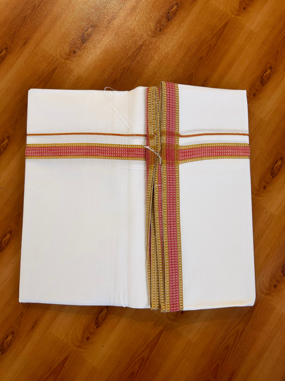 Single Pure White Mundu/Dhoti - 20% DISCOUNT!! KaithariKada 100% Cotton - 40X40 - Gold Kasav & Peach Striped Kara (2 meter / 4 muzham) - 10 KK5534 TKD