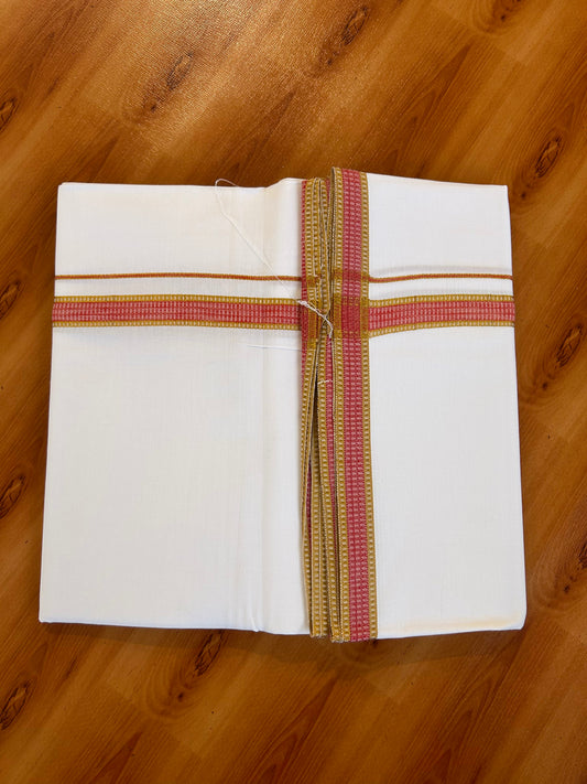 Single Pure White Mundu/Dhoti - 20% DISCOUNT!! KaithariKada 100% Cotton - 40X40 - Gold Kasav & Peach Striped Kara (2 meter / 4 muzham) - 10 KK5534 TKD