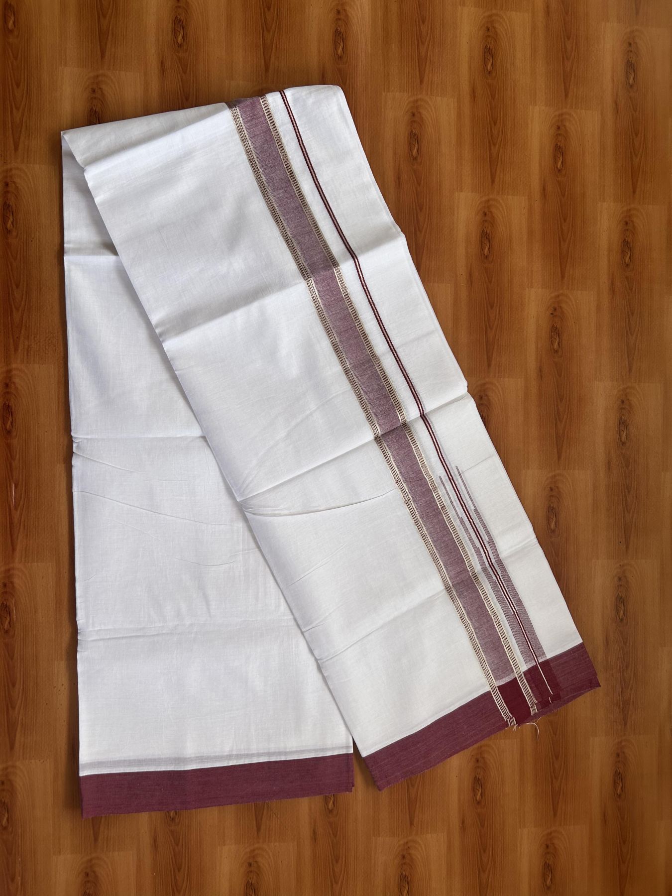 20% Discount! KaithariKada Balaramapuram 100% Cotton Double Pure white Mundu/Dhoti- 100X80 - 1.25 inch Puliyilakkara Silver Kasav & Maroon Chutty Kara - 3.80 mtr ( 8 muzham) - 11 KK5382 VIN