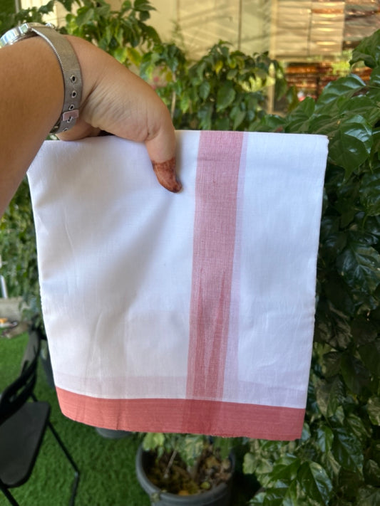20% Discount! KaithariKada Balaramapuram 100% Cotton Double Pure white Mundu/Dhoti- 100x80 - 1.25 inch Puliyilakkara Peach Pink Shaded Chutty Kara - 3.90 mtr (8 muzham)  - 56 KK5279 CKS