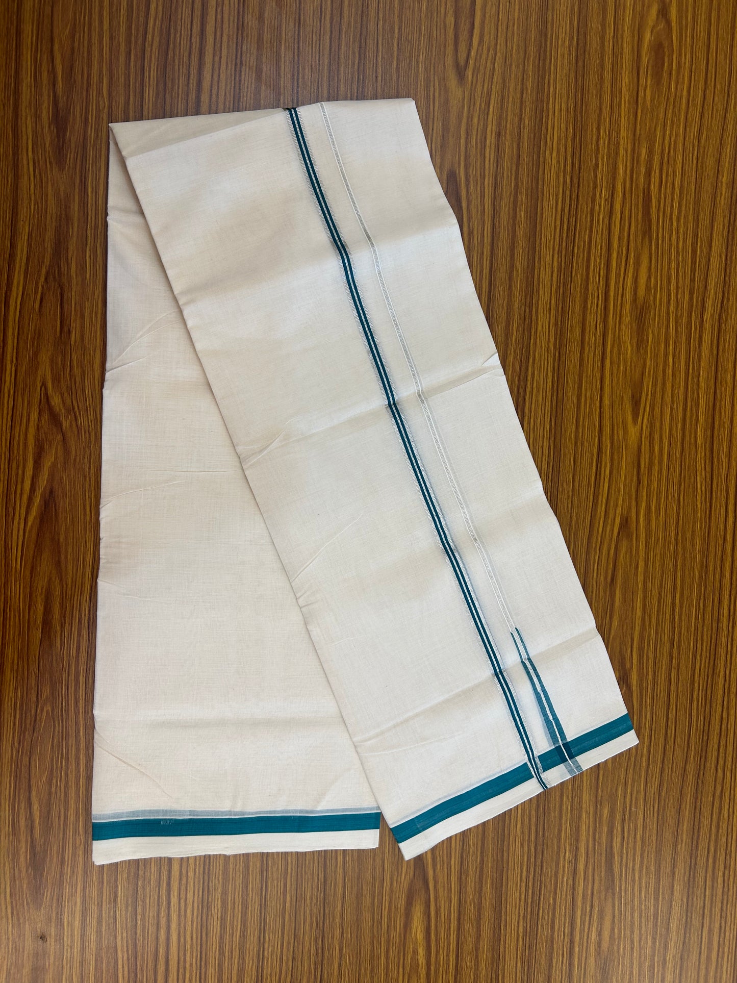 25% Discount!! KaithariKada Handloom Unakkupaav - Kerala Handloom - 100% Pure Cotton Off White - (Unbleached) Double Mundu/Dothi - 80X90 - 0.5 inch Puliyilakkara Silver Kasav & Green Blue Striped Chutty Kara 3.90 mtr (8 muzham) - 16 KK5369 YAR