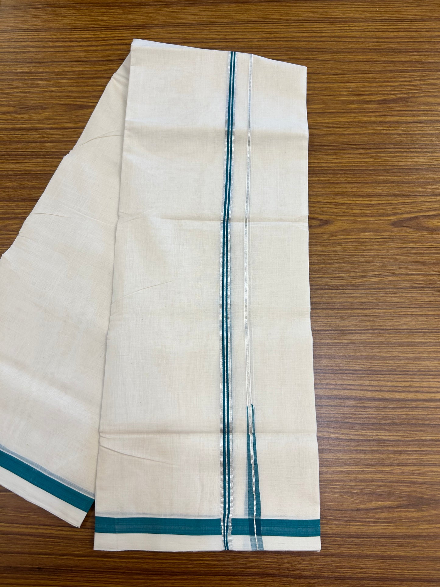 25% Discount!! KaithariKada Handloom Unakkupaav - Kerala Handloom - 100% Pure Cotton Off White - (Unbleached) Double Mundu/Dothi - 80X90 - 0.5 inch Puliyilakkara Silver Kasav & Green Blue Striped Chutty Kara 3.90 mtr (8 muzham) - 16 KK5369 YAR