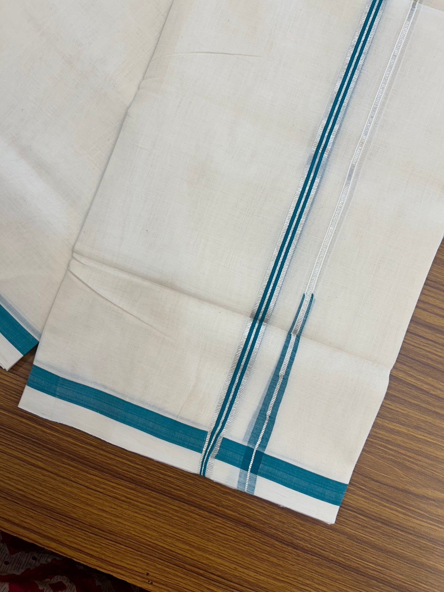 25% Discount!! KaithariKada Handloom Unakkupaav - Kerala Handloom - 100% Pure Cotton Off White - (Unbleached) Double Mundu/Dothi - 80X90 - 0.5 inch Puliyilakkara Silver Kasav & Green Blue Striped Chutty Kara 3.90 mtr (8 muzham) - 16 KK5369 YAR