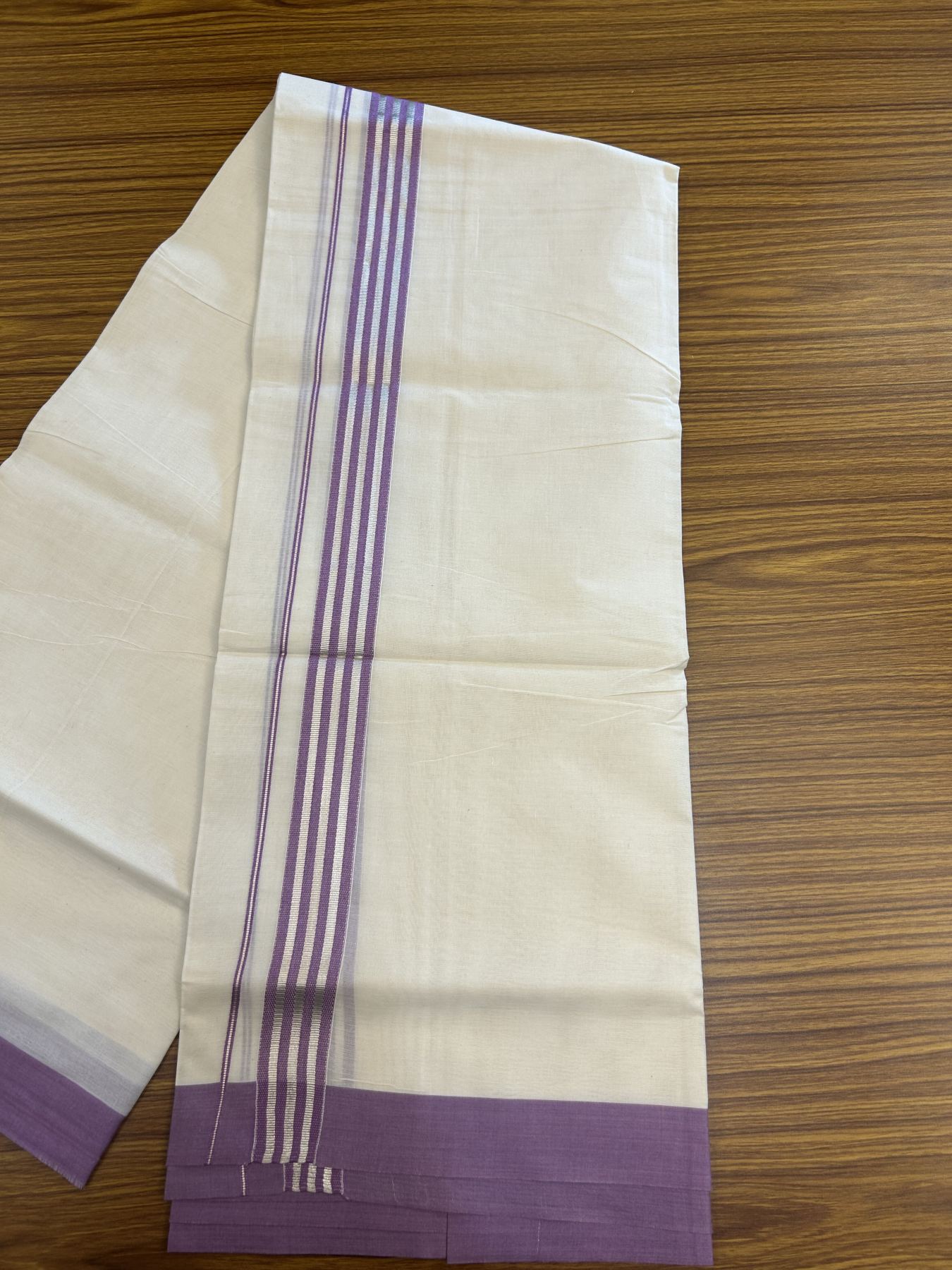 20% Discount !! KaithariKada Balaramapuram Double Off White (Unbleached) Mundu/Dhoti - 100x80 - 1.25 inch Violet & Silver Striped kara 3.90 mtr (8 muzham) - 16 KK5313 PMC
