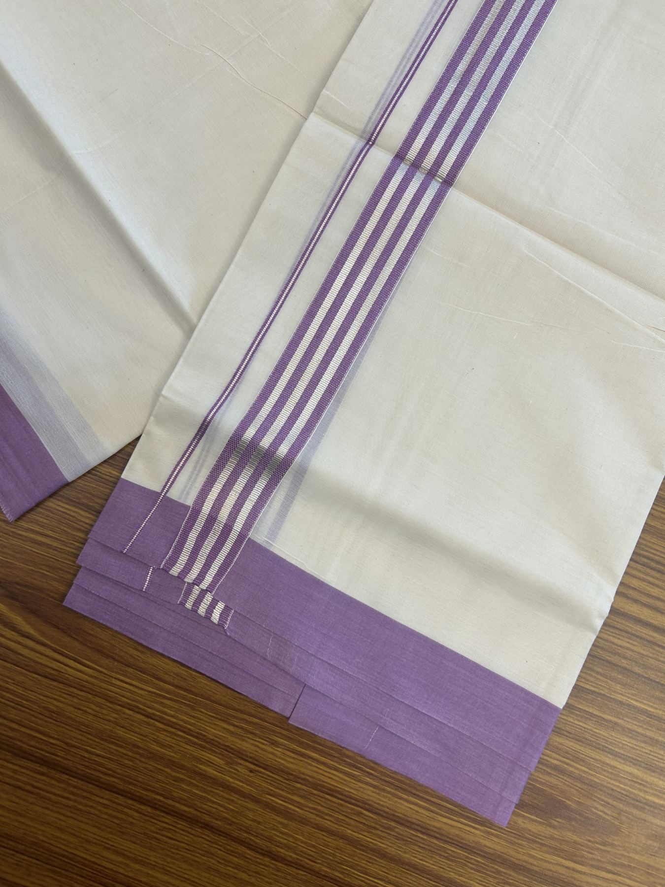 20% Discount !! KaithariKada Balaramapuram Double Off White (Unbleached) Mundu/Dhoti - 100x80 - 1.25 inch Violet & Silver Striped kara 3.90 mtr (8 muzham) - 16 KK5313 PMC