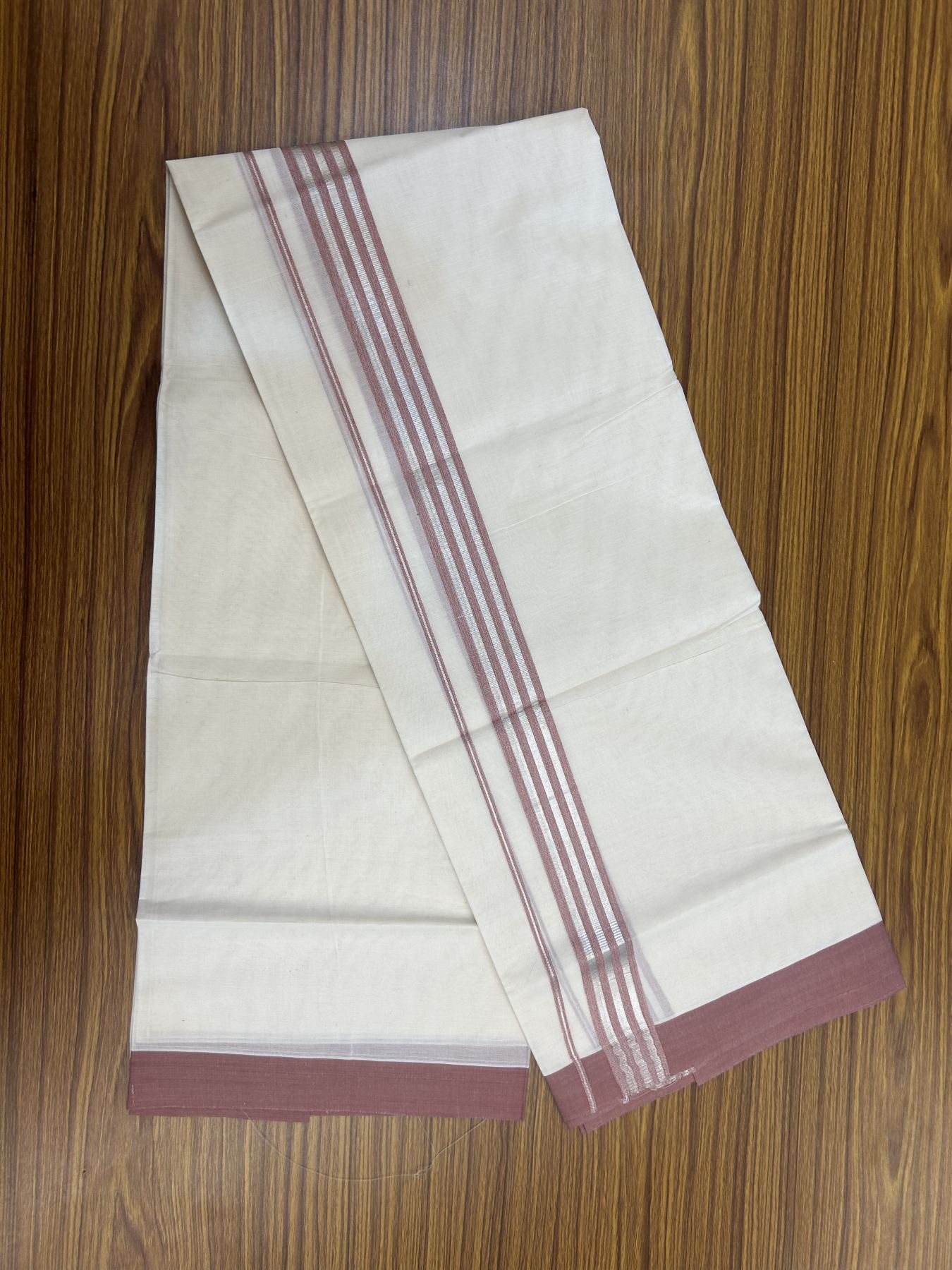 20% Discount !! KaithariKada Balaramapuram Double Off White (Unbleached) Mundu/Dhoti - 100x80 - 1.25 inch Dusty Peach & Silver Striped kara 3.90 mtr (8 muzham) - 17 KK5313 PMC