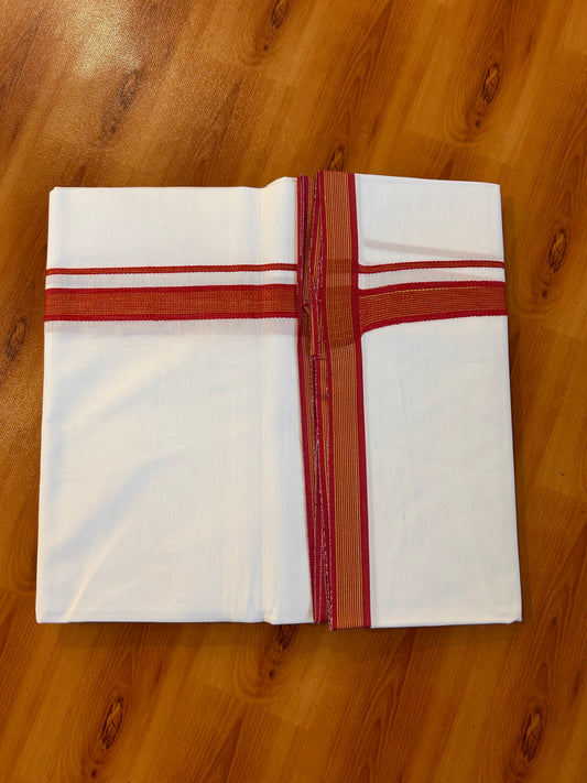 Single Pure White Mundu/Dhoti - 20% DISCOUNT!! KaithariKada 100% Cotton - 40X40 - Gold Kasav & Reddish Maroon Striped Kara (2 meter / 4 muzham) - 9 KK5534 TKD