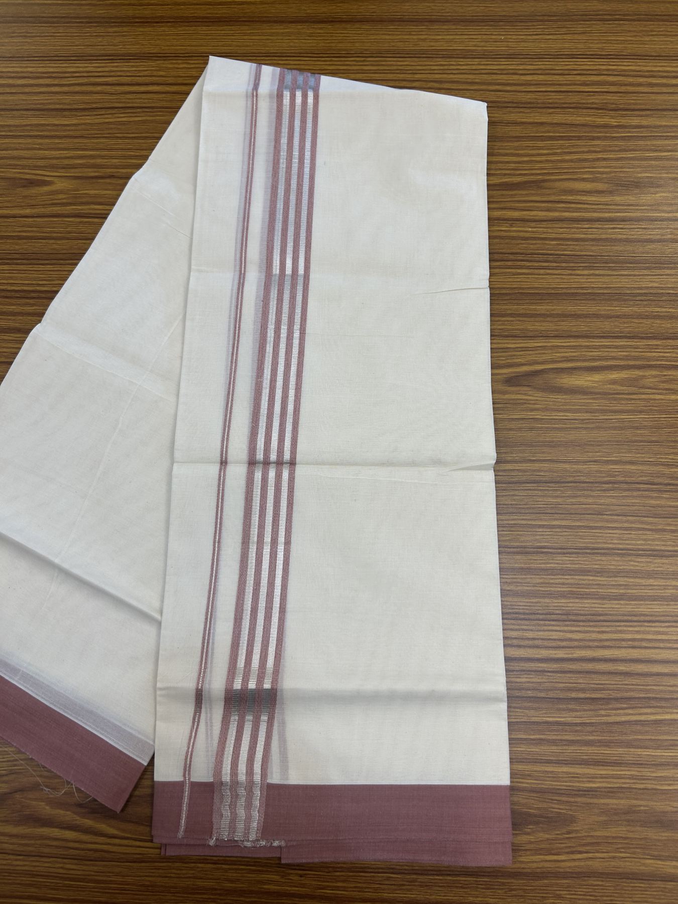 20% Discount !! KaithariKada Balaramapuram Double Off White (Unbleached) Mundu/Dhoti - 100x80 - 1.25 inch Dusty Peach & Silver Striped kara 3.90 mtr (8 muzham) - 17 KK5313 PMC