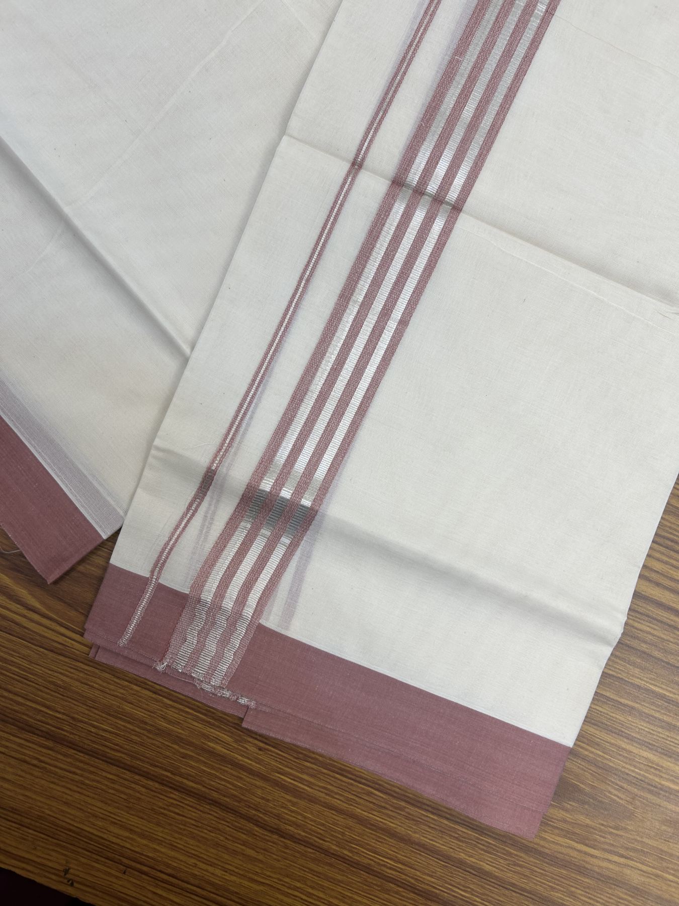 20% Discount !! KaithariKada Balaramapuram Double Off White (Unbleached) Mundu/Dhoti - 100x80 - 1.25 inch Dusty Peach & Silver Striped kara 3.90 mtr (8 muzham) - 17 KK5313 PMC