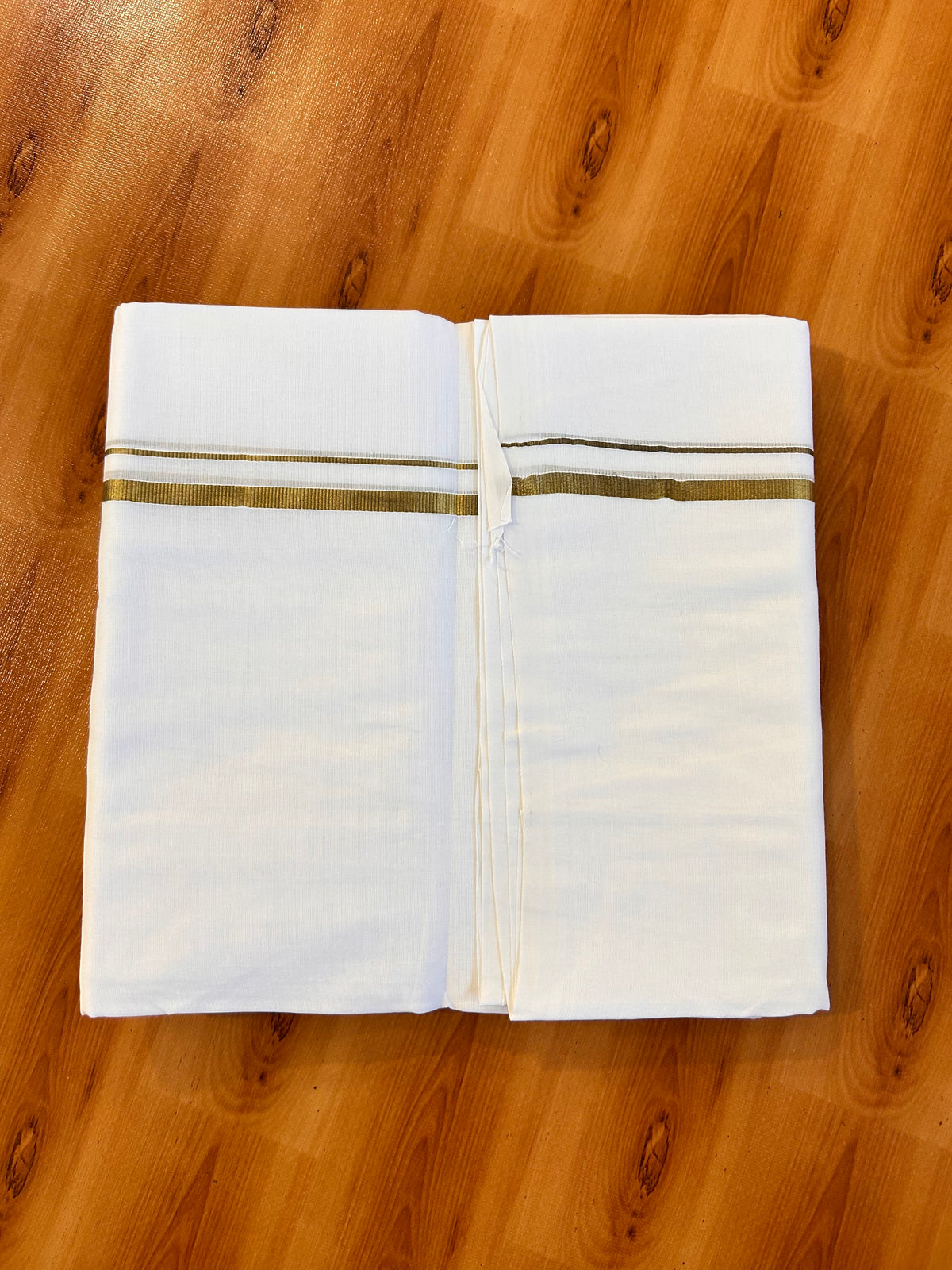 Pure White Double Mundu / Dhoti - 13% Discount ! Kaitharikada Pulimood 100% Cotton - 100x80 - 0.25 inch Gold kasav kara 3.75 m (8 muzham) - 14 KK5534 ASH
