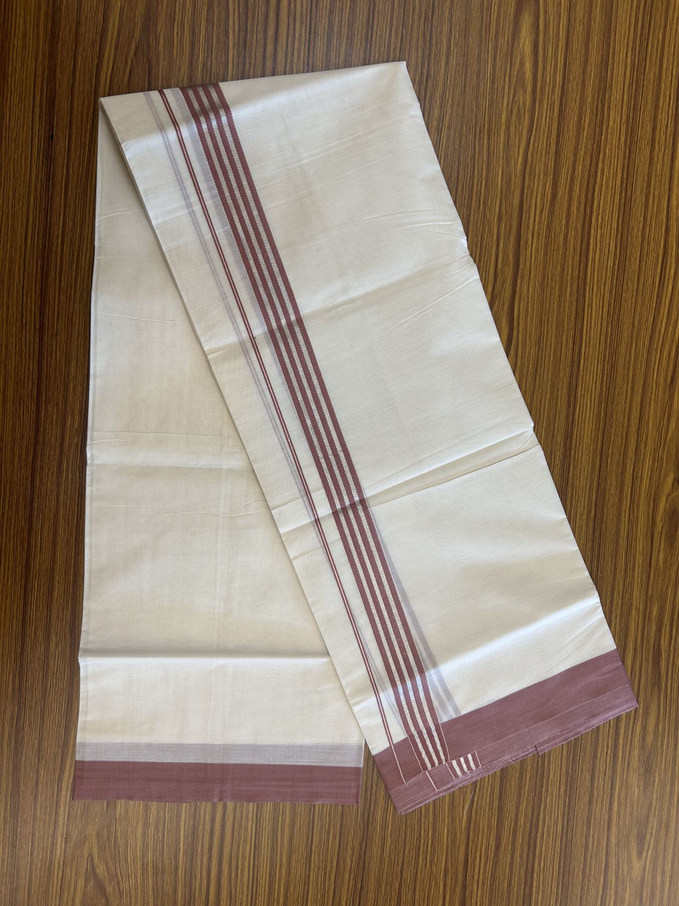 20% Discount !! KaithariKada Balaramapuram Double Off White (Unbleached) Mundu/Dhoti - 100x80 - 1.25 inch Dark Dusty Peach & Silver Striped kara 3.90 mtr (8 muzham) - 19 KK5313 PMC
