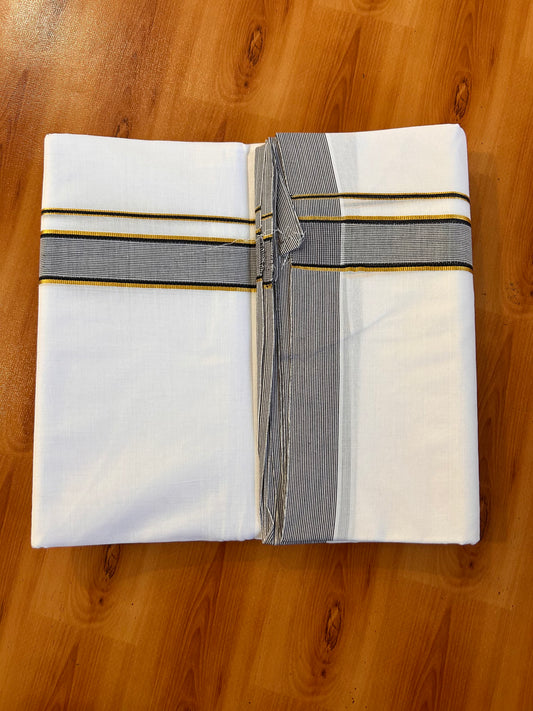 Double Pure white Mund / Dhoti - 20% Discount! KaithariKada 100% Pure Cotton - 100x100 - 1.25 inch Gold Kasav & Black Stripes Kara 4 m (8.5 muzham) - 12 KK5534 ASH