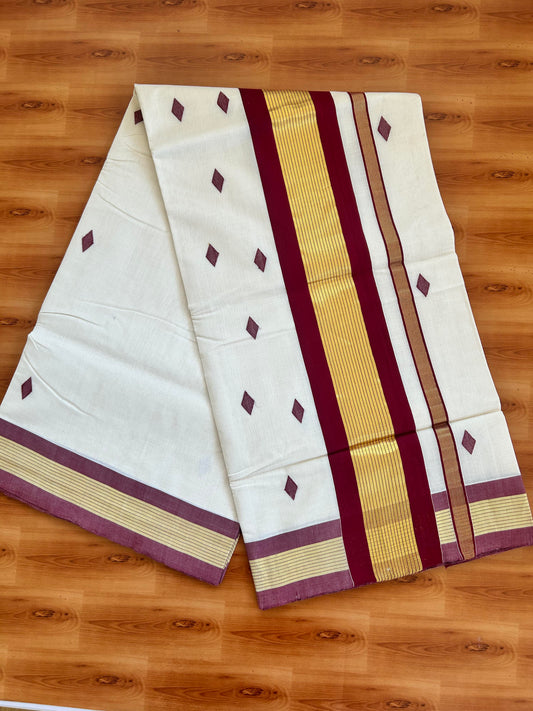 25% Discount KaithariKada Handloom Unakkupaav Balaramapuram Kerala Saree for Women - 100% Pure Cotton - 4.25 inch Gold Kasav & Maroon Stripes Kara - 5 KK7001 ABH