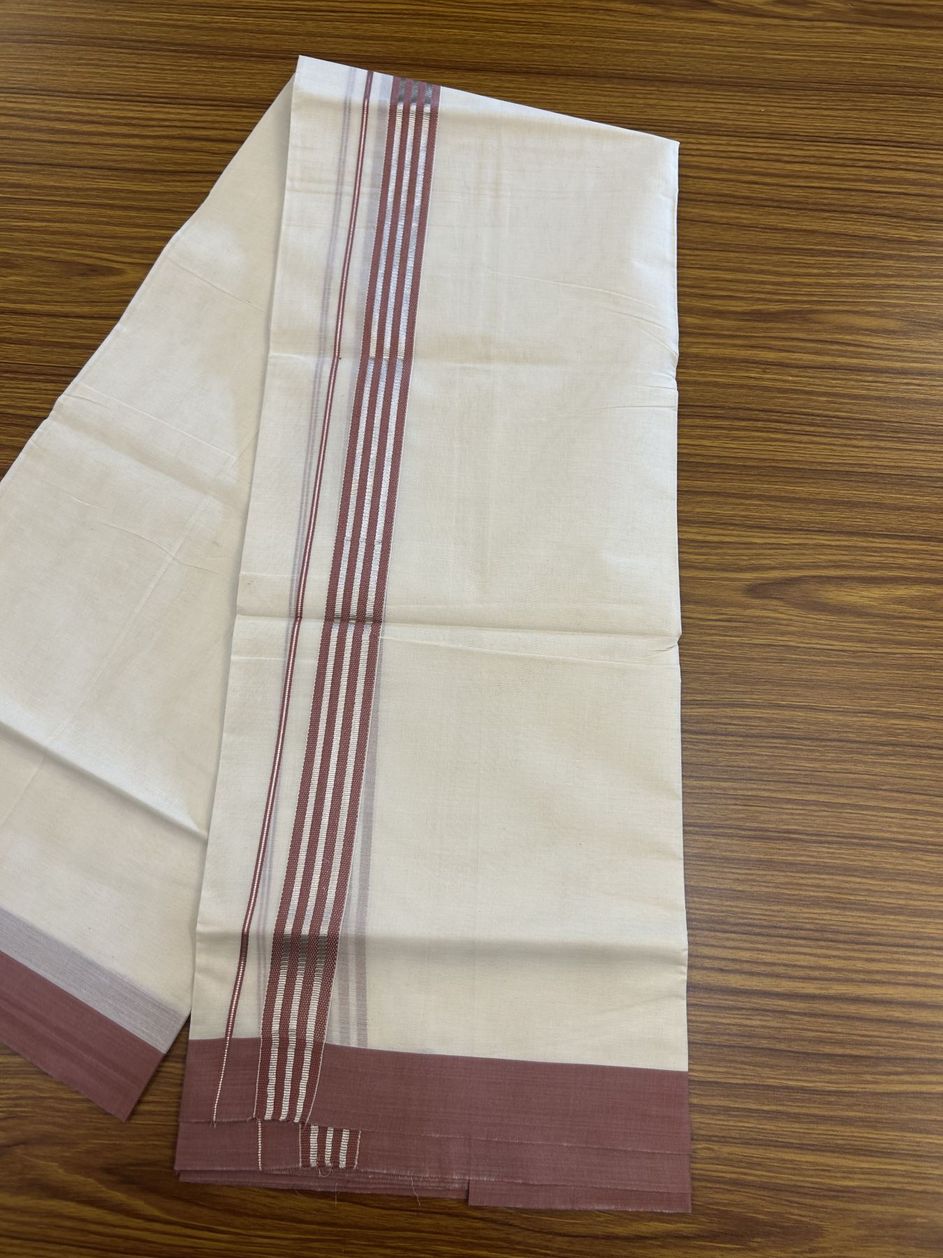 20% Discount !! KaithariKada Balaramapuram Double Off White (Unbleached) Mundu/Dhoti - 100x80 - 1.25 inch Dark Dusty Peach & Silver Striped kara 3.90 mtr (8 muzham) - 19 KK5313 PMC