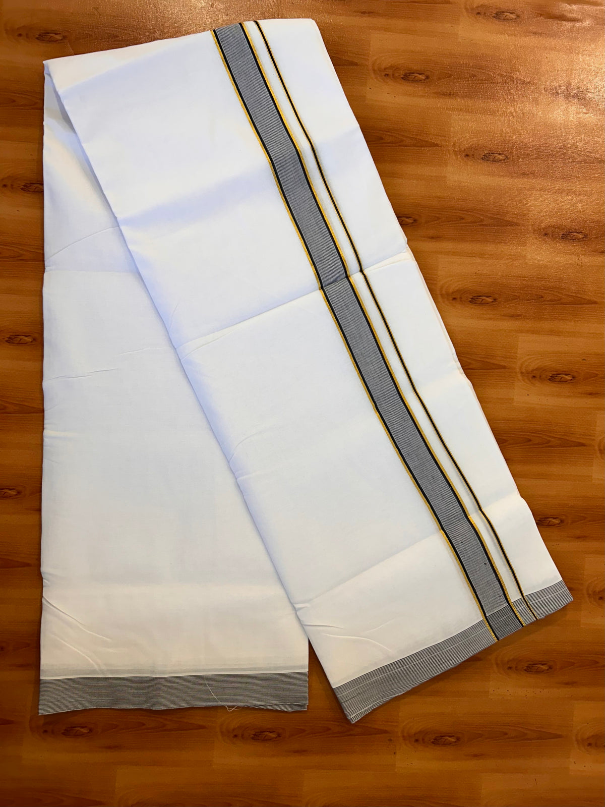 Double Pure white Mund / Dhoti - 20% Discount! KaithariKada 100% Pure Cotton - 100x100 - 1.25 inch Gold Kasav & Black Stripes Kara 4 m (8.5 muzham) - 12 KK5534 ASH