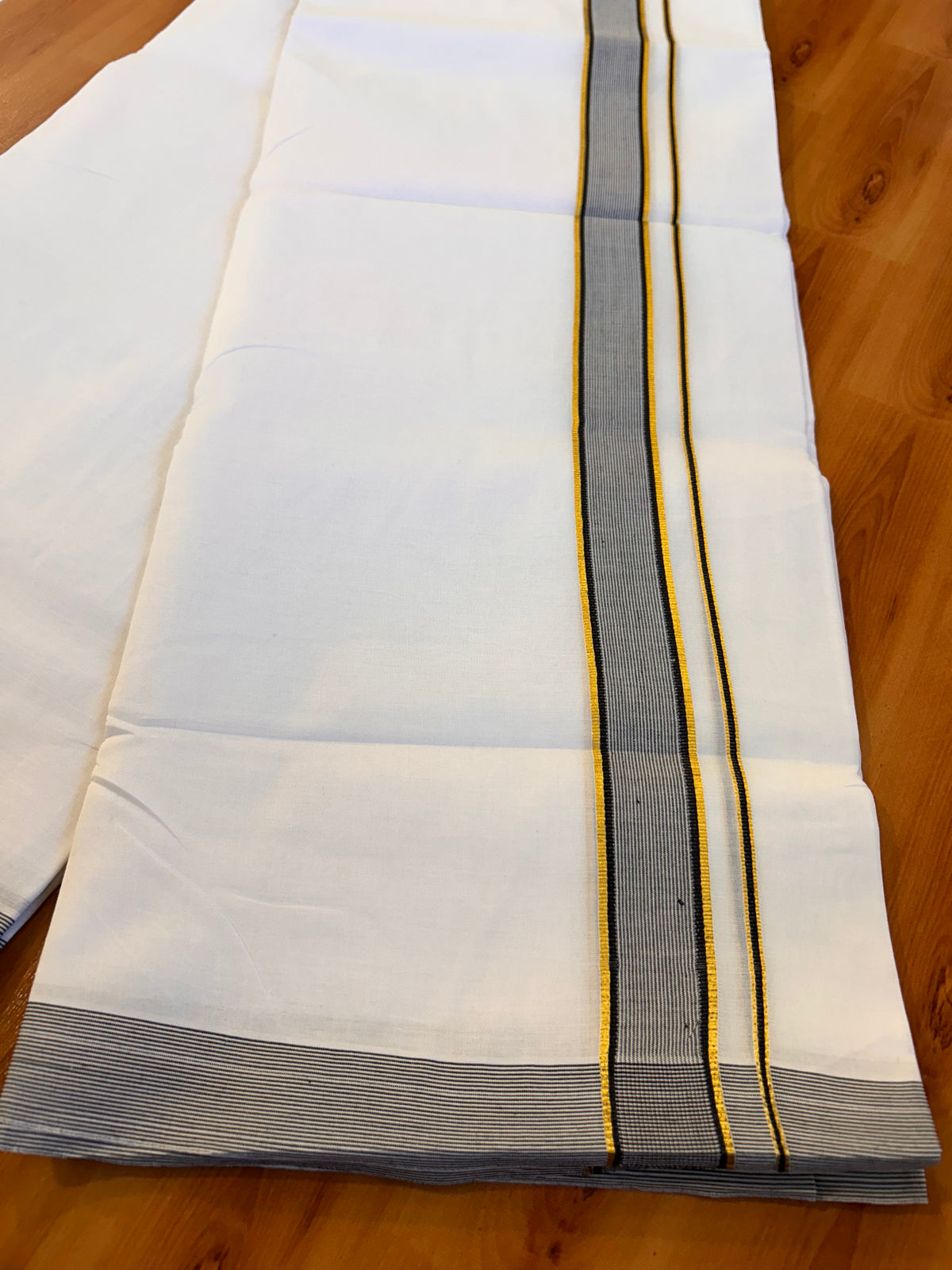 Double Pure white Mund / Dhoti - 20% Discount! KaithariKada 100% Pure Cotton - 100x100 - 1.25 inch Gold Kasav & Black Stripes Kara 4 m (8.5 muzham) - 12 KK5534 ASH