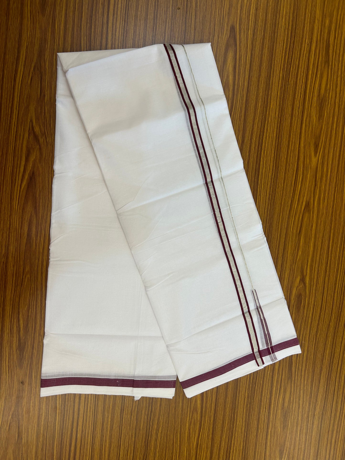 25% Discount ! KaithariKada Handloom Millpaav - Kerala Handloom - 100% Pure Cotton Double Mundu/Dhoti Pure white - 80x90 - 1.5 cm Silver Kasav & Maroon Puliyilakkara Chutty 3.80 mtr (8 Muzham) - 21 KK5369 YAR