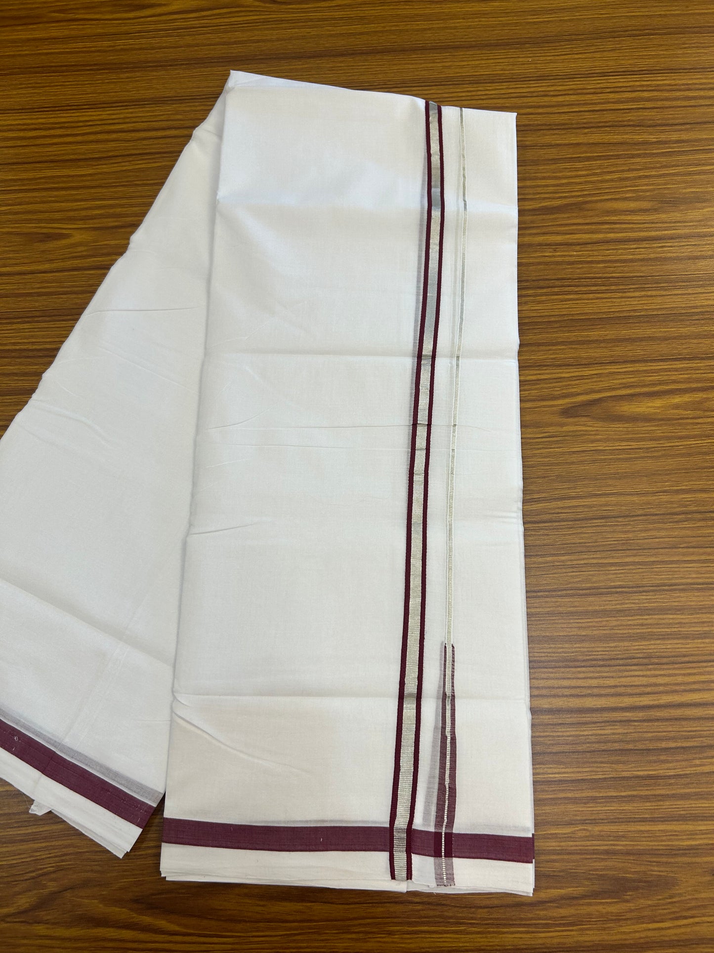 25% Discount ! KaithariKada Handloom Millpaav - Kerala Handloom - 100% Pure Cotton Double Mundu/Dhoti Pure white - 80x90 - 1.5 cm Silver Kasav & Maroon Puliyilakkara Chutty 3.80 mtr (8 Muzham) - 21 KK5369 YAR