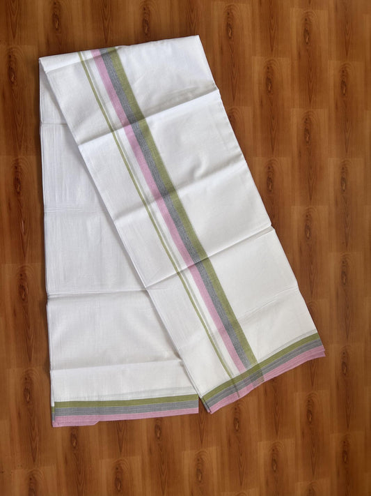 20% Discount ! Kaitharikada Balaramapuram 100% Pure Cotton Double Pure White Mundu/Dhoti - 100x80 - 1.5 inch Pink, Black & Sage Green Shaded Kara 3.80 mtr (8 muzham) - 34 KK5382 VIN