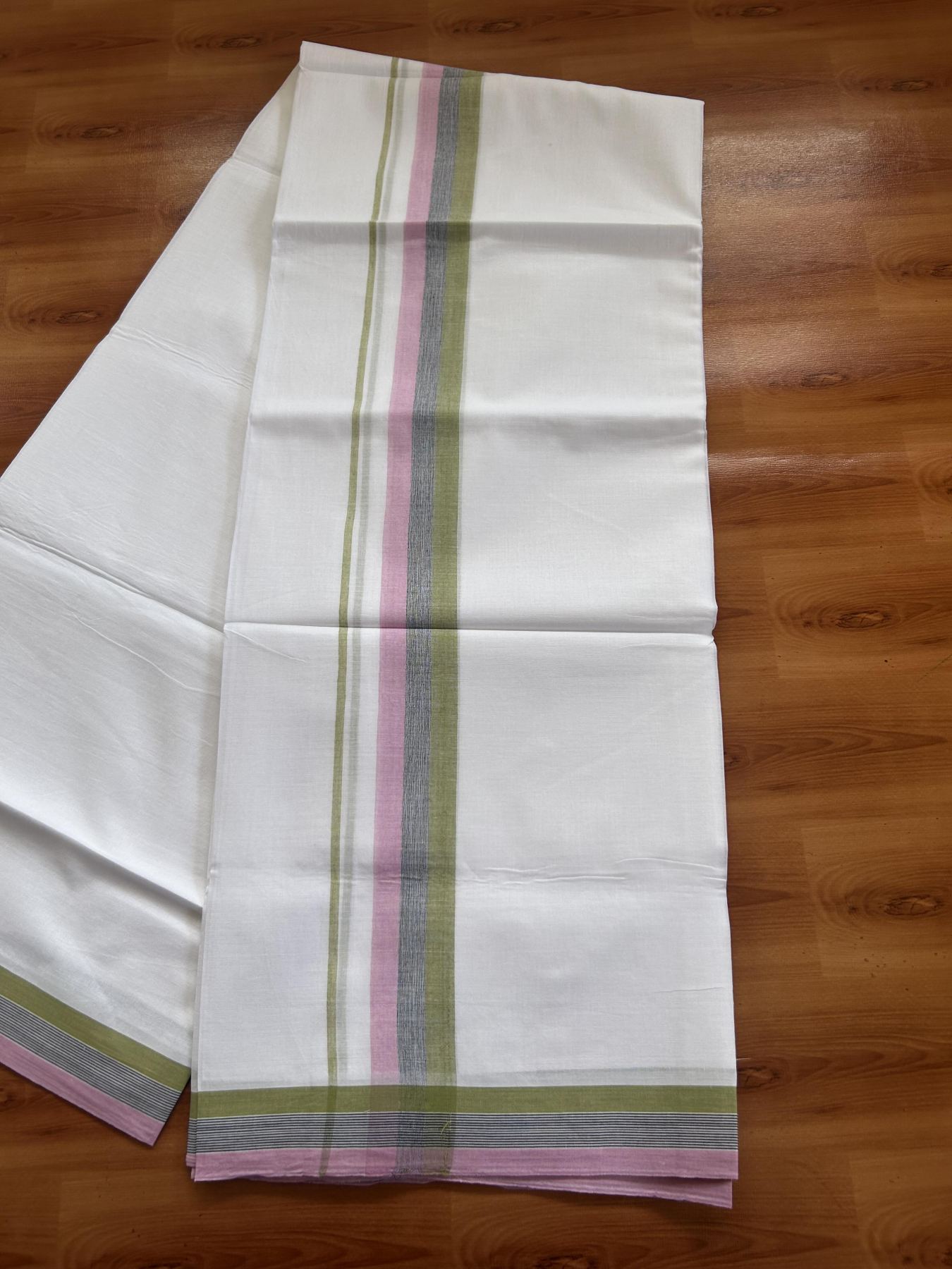20% Discount ! Kaitharikada Balaramapuram 100% Pure Cotton Double Pure White Mundu/Dhoti - 100x80 - 1.5 inch Pink, Black & Sage Green Shaded Kara 3.80 mtr (8 muzham) - 34 KK5382 VIN