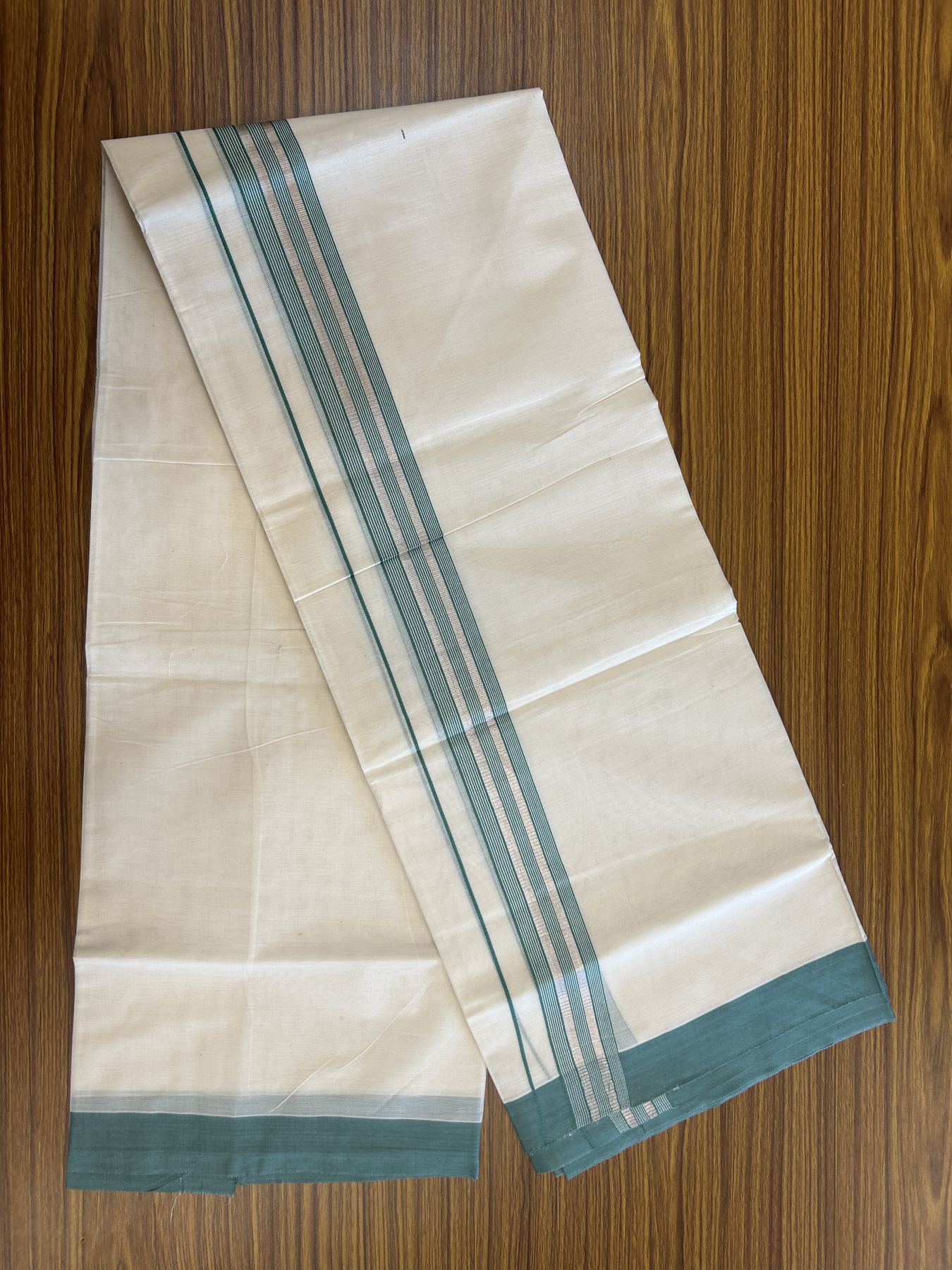 20% Discount !! KaithariKada Balaramapuram Double Off White (Unbleached) Mundu/Dhoti - 100x80 - 1.5 inch Green & Silver Striped kara 3.90 mtr (8 muzham) - 14 KK5313 PMC