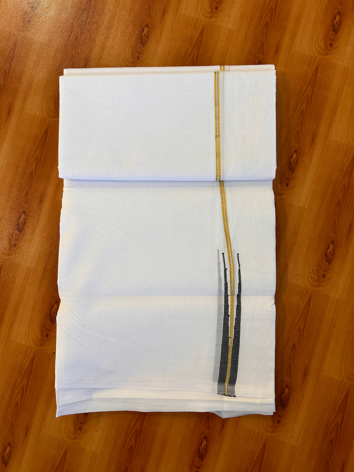 Pure White Double Mundu/Dhoti - 20% Discount! KaithariKada Pulimood - 100% Cotton - 100x100 - 0.75 inch Puliyilakkara Gold Kasav & Black Chutty Kara 4 mtr (8.5 muzham) - 17 KK5534 ASH
