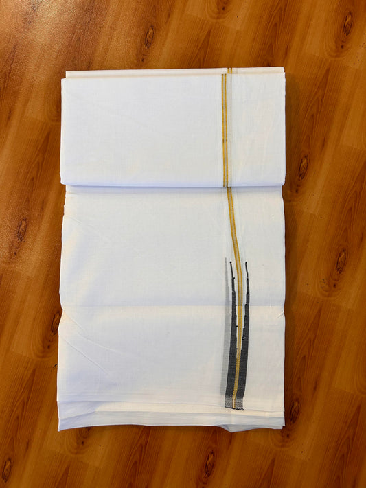 Pure White Double Mundu/Dhoti - 20% Discount! KaithariKada Pulimood - 100% Cotton - 100x100 - 0.75 inch Puliyilakkara Gold Kasav & Black Chutty Kara 4 mtr (8.5 muzham) - 17 KK5534 ASH