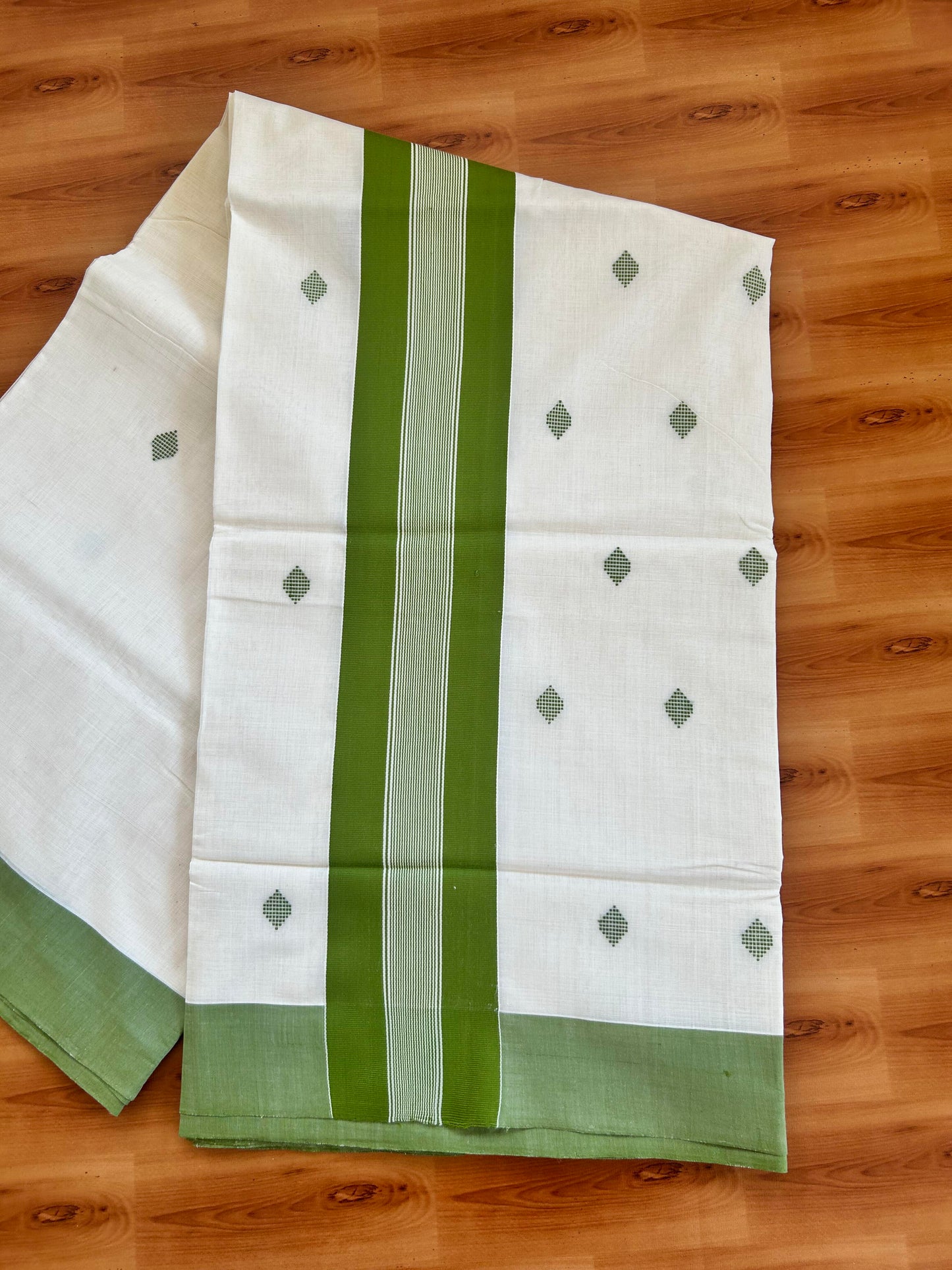 25% Discount KaithariKada Handloom Unakkupaav Balaramapuram Kerala Saree for Women - 100% Pure Cotton - 3.75 inch Parrot Green Stripes Kara - 1 KK7001 ABH