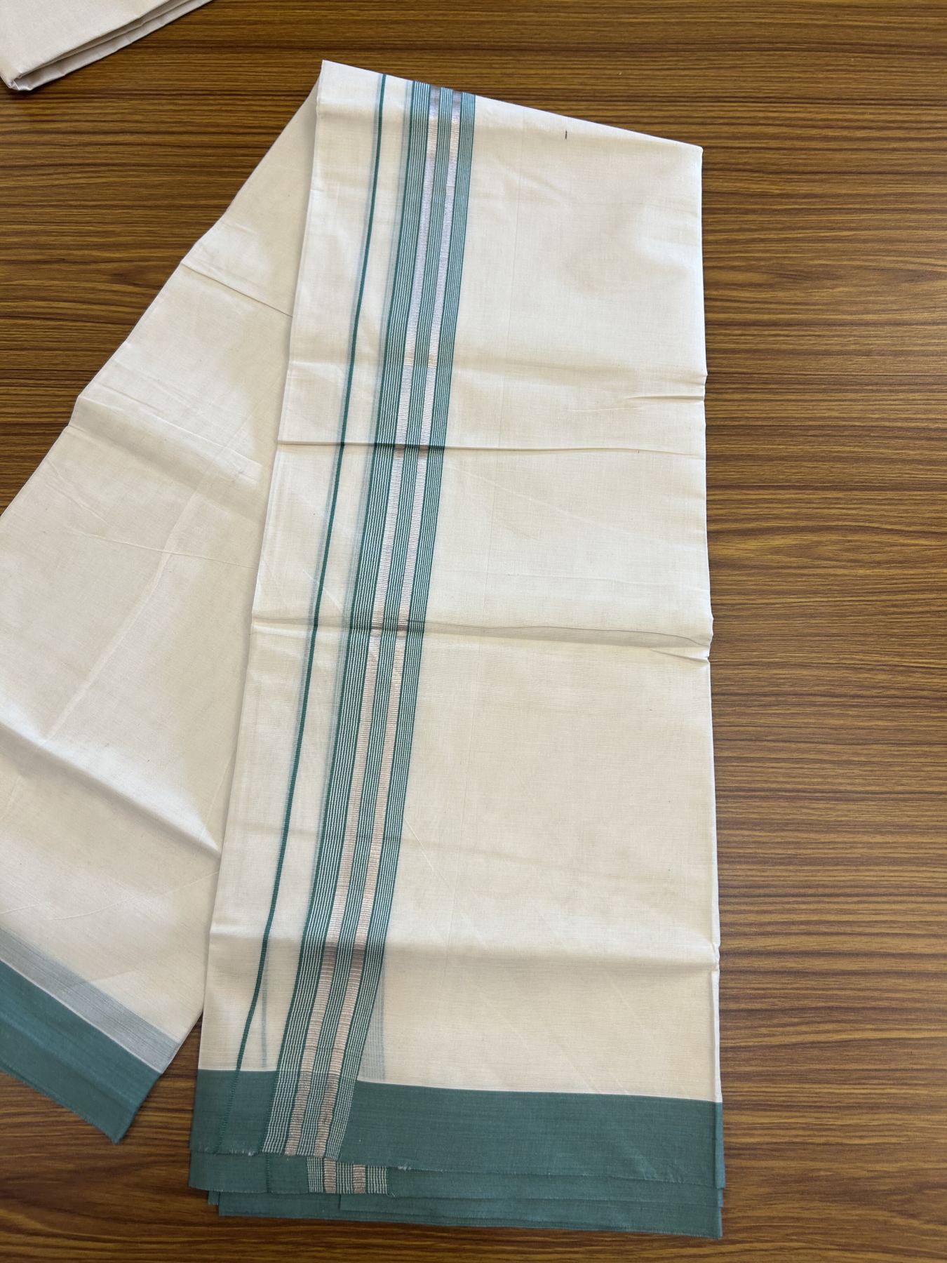 20% Discount !! KaithariKada Balaramapuram Double Off White (Unbleached) Mundu/Dhoti - 100x80 - 1.5 inch Green & Silver Striped kara 3.90 mtr (8 muzham) - 14 KK5313 PMC