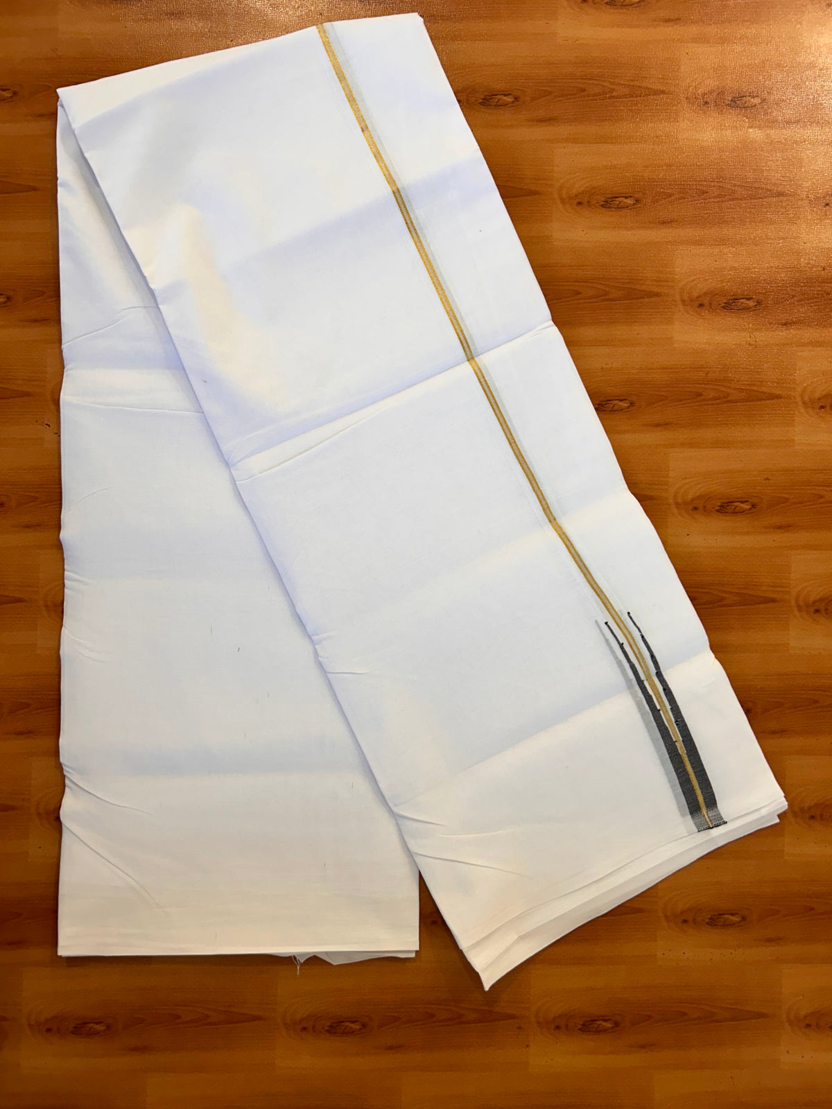 Pure White Double Mundu/Dhoti - 20% Discount! KaithariKada Pulimood - 100% Cotton - 100x100 - 0.75 inch Puliyilakkara Gold Kasav & Black Chutty Kara 4 mtr (8.5 muzham) - 17 KK5534 ASH