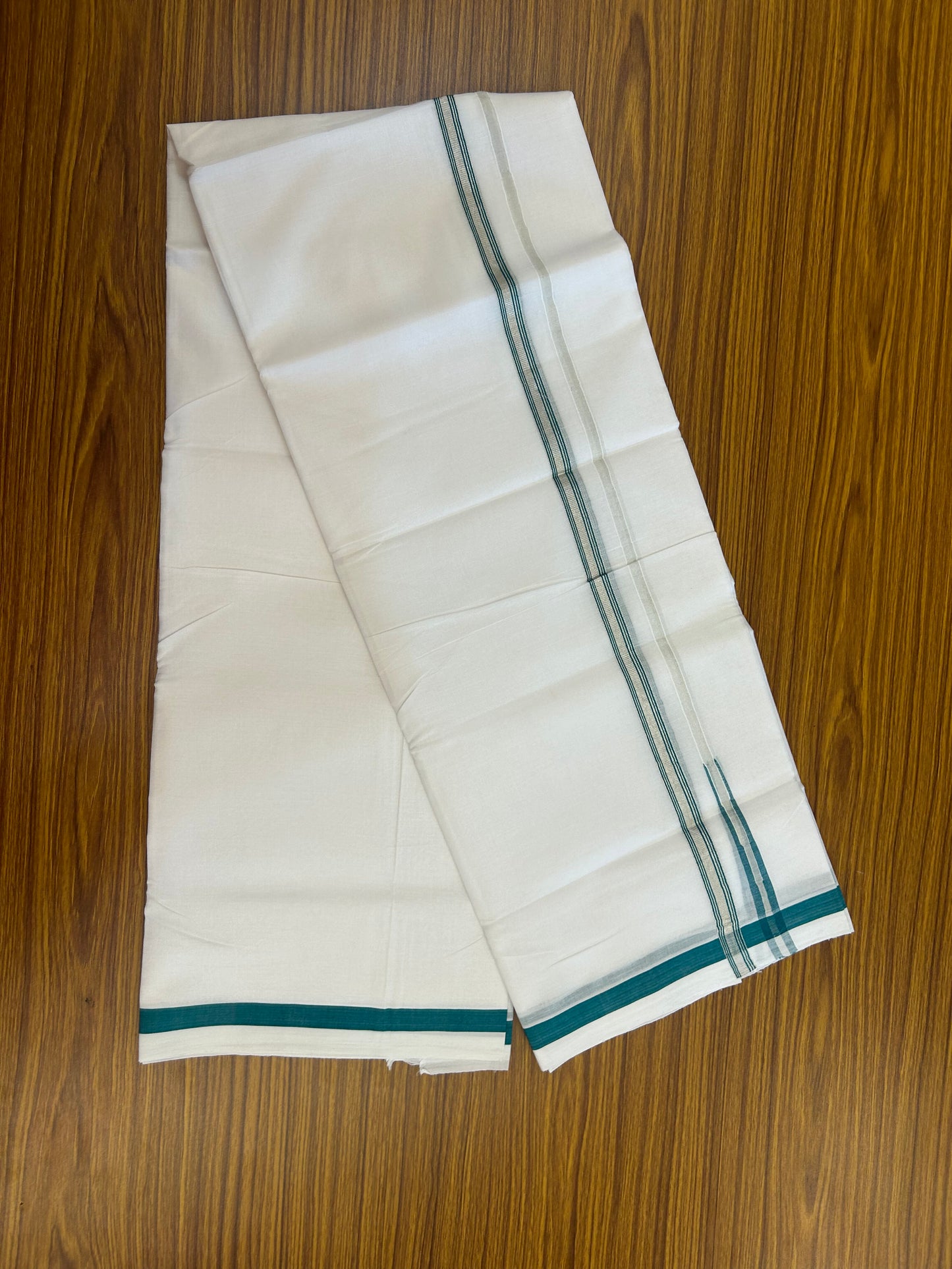 25% Discount ! KaithariKada Handloom Millpaav - Kerala Handloom - 100% Pure Cotton Double Mundu/Dhoti Pure white - 80x90 - 1.5 cm Silver Kasav & Blue Green Stripes Puliyilakkara Chutty 3.80 mtr (8 Muzham) - 28 KK5369 YAR