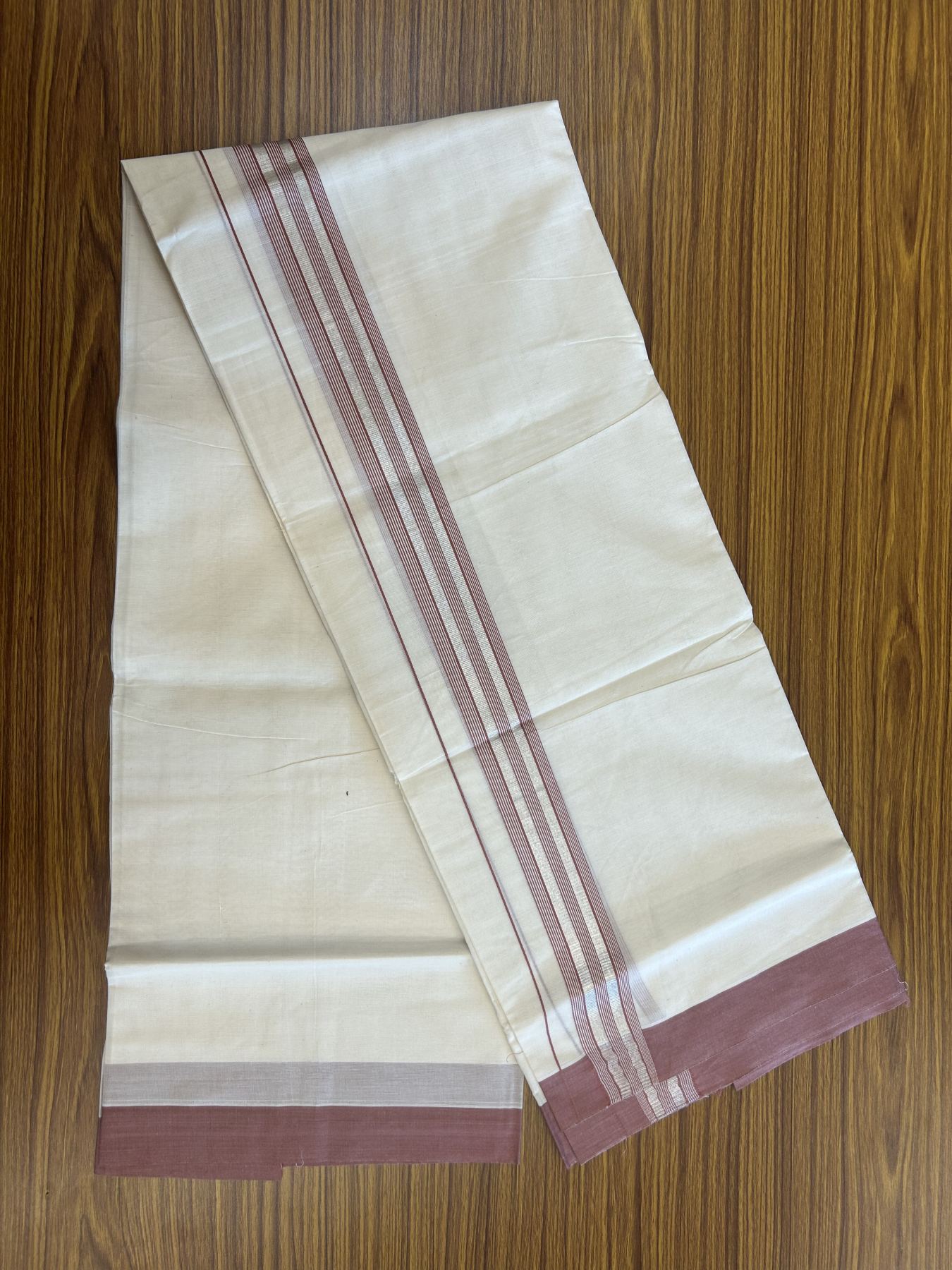 20% Discount !! KaithariKada Balaramapuram Double Off White (Unbleached) Mundu/Dhoti - 100x80 - 1.5 inch Dark Peach & Silver Striped kara 3.90 mtr (8 muzham) - 15 KK5313 PMC