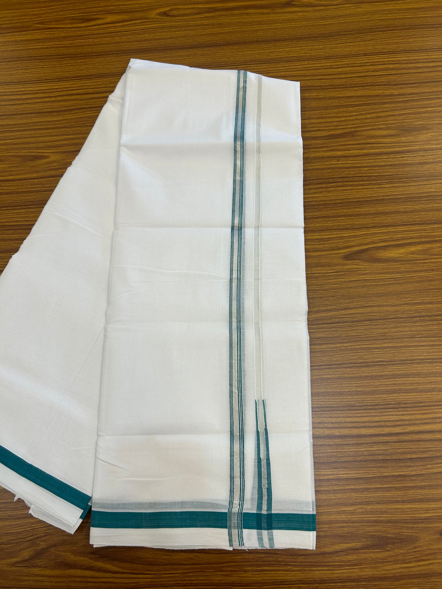 25% Discount ! KaithariKada Handloom Millpaav - Kerala Handloom - 100% Pure Cotton Double Mundu/Dhoti Pure white - 80x90 - 1.5 cm Silver Kasav & Blue Green Stripes Puliyilakkara Chutty 3.80 mtr (8 Muzham) - 28 KK5369 YAR