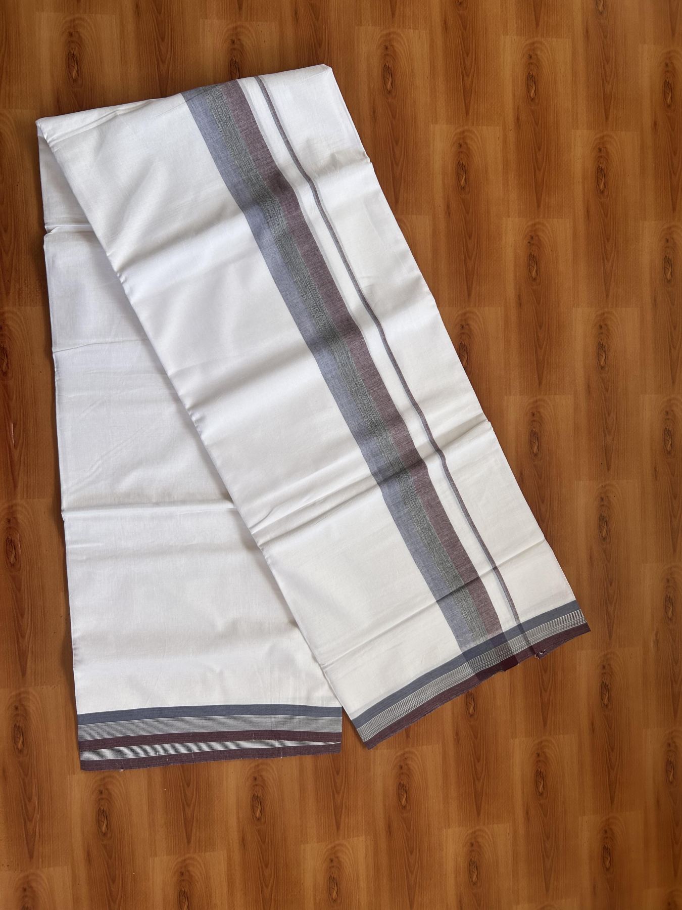 20% Discount ! Kaitharikada Balaramapuram 100% Pure Cotton Double Pure White Mundu/Dhoti - 100x80 - 2 inch Wine, Black & Ash Blue Shaded Kara 3.80 mtr (8 muzham) - 23 KK5382 VIN