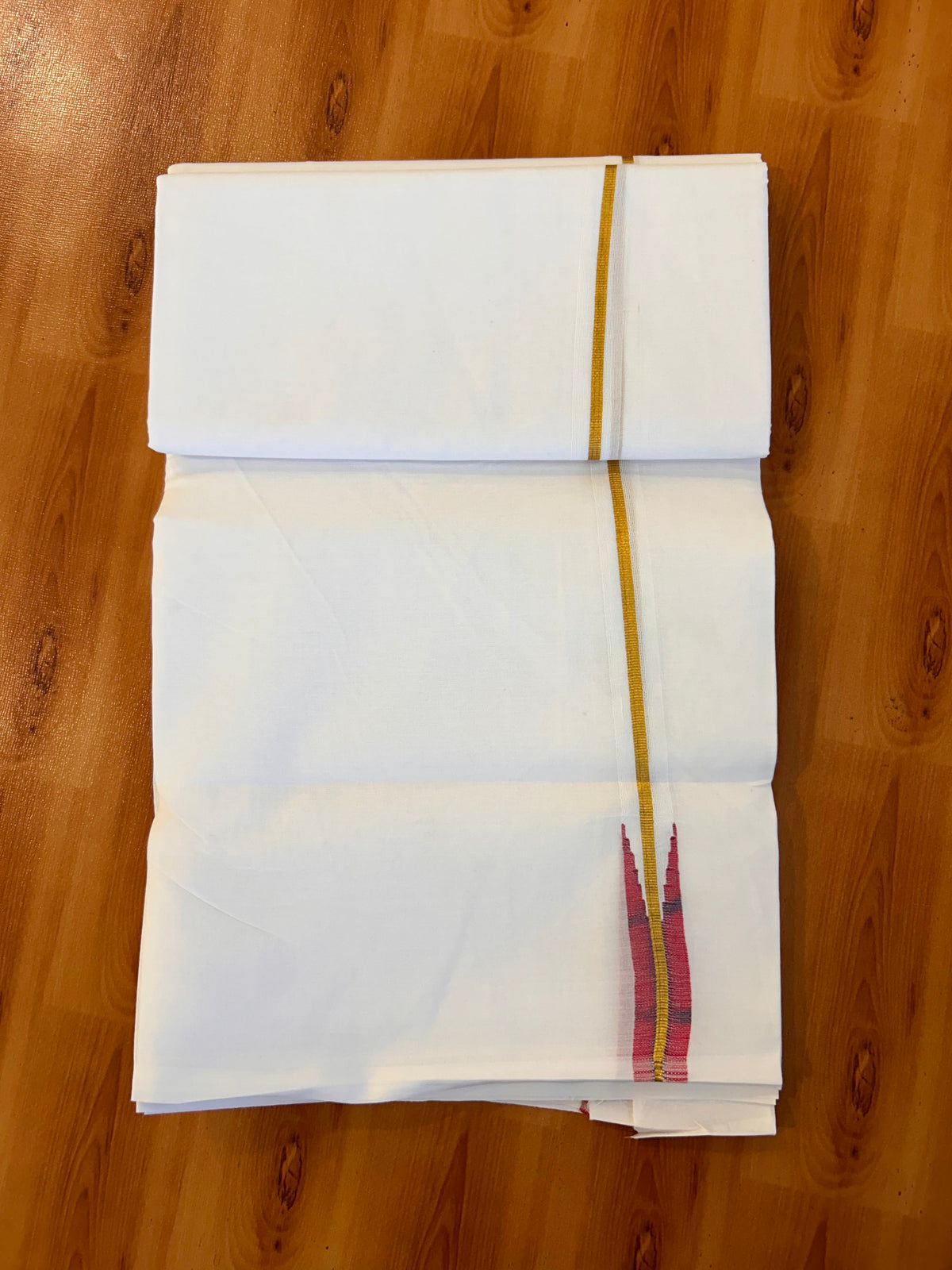 Pure White Double Mundu/Dhoti - 20% Discount! KaithariKada Pulimood - 100% Cotton - 100x100 - 0.75 inch Puliyilakkara Gold Kasav & Red Chutty Kara 4 mtr (8.5 muzham) - 16 KK5534 ASH