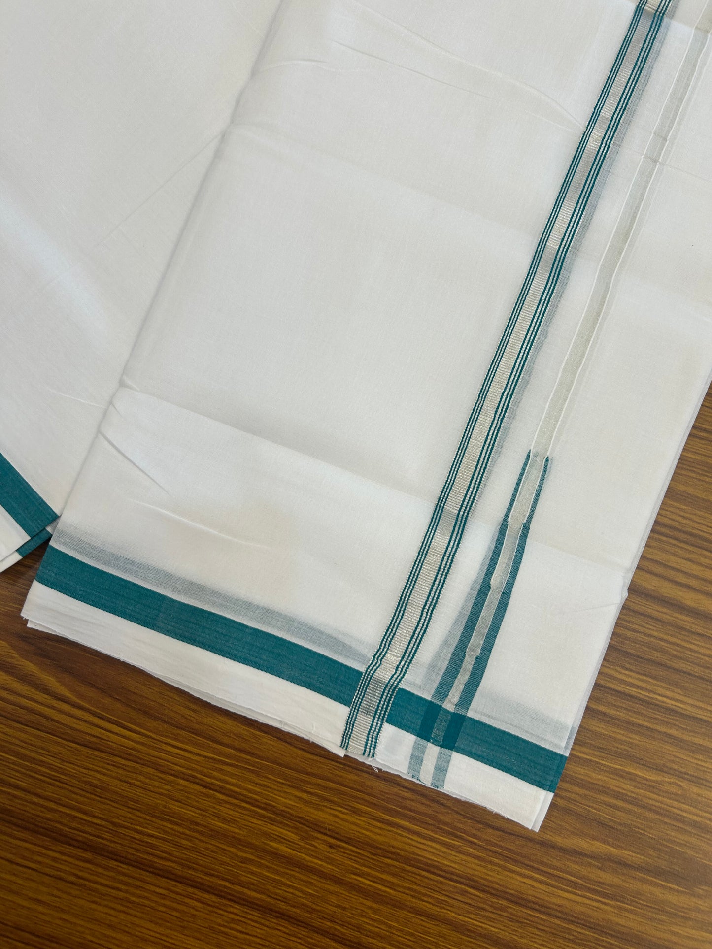 25% Discount ! KaithariKada Handloom Millpaav - Kerala Handloom - 100% Pure Cotton Double Mundu/Dhoti Pure white - 80x90 - 1.5 cm Silver Kasav & Blue Green Stripes Puliyilakkara Chutty 3.80 mtr (8 Muzham) - 28 KK5369 YAR