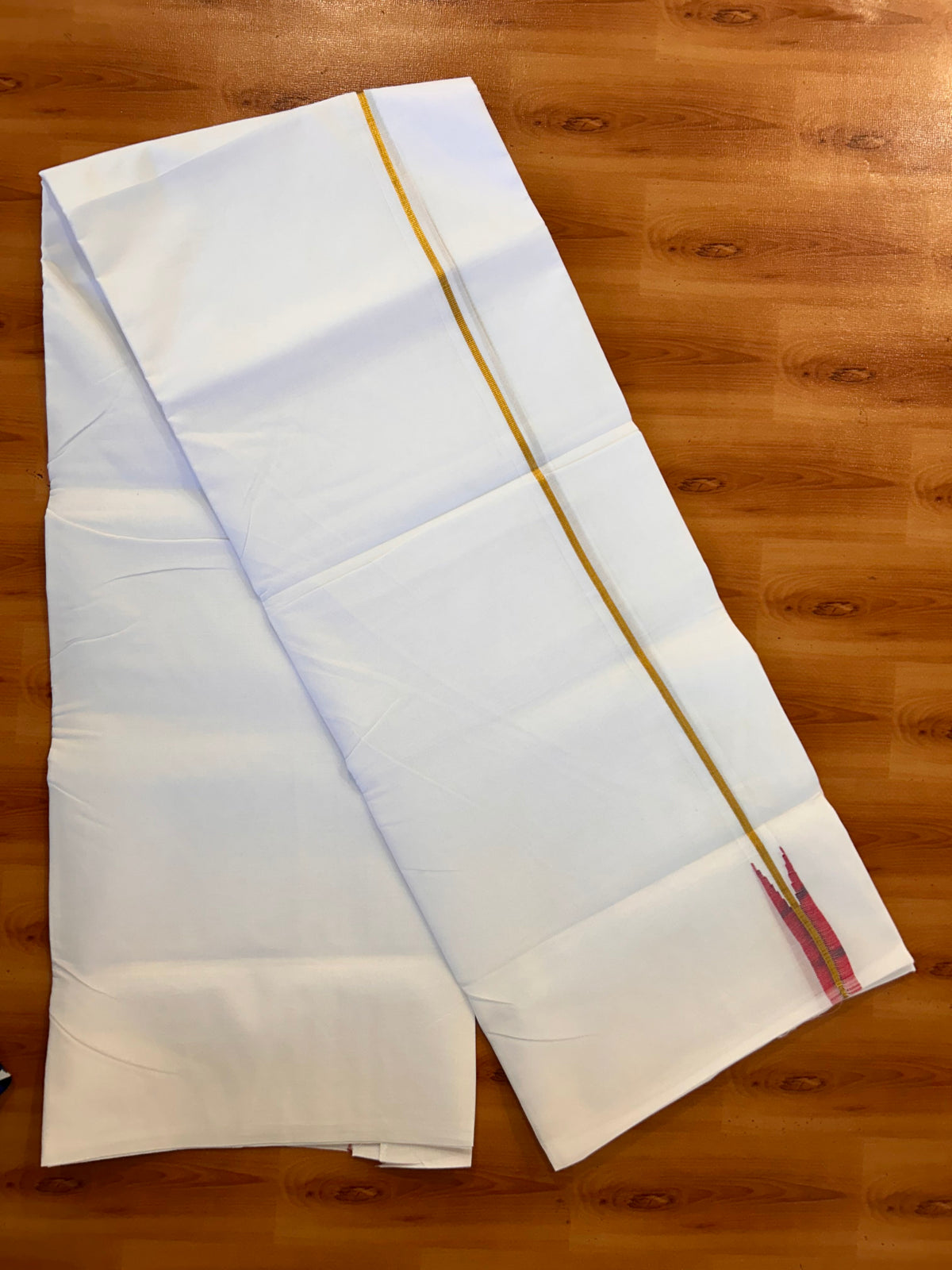 Pure White Double Mundu/Dhoti - 20% Discount! KaithariKada Pulimood - 100% Cotton - 100x100 - 0.75 inch Puliyilakkara Gold Kasav & Red Chutty Kara 4 mtr (8.5 muzham) - 16 KK5534 ASH