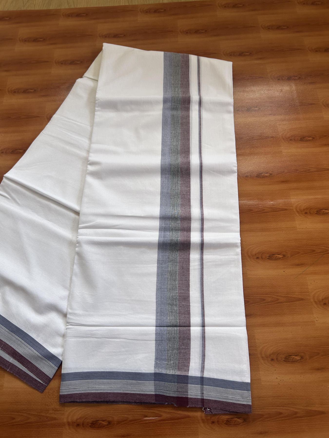 20% Discount ! Kaitharikada Balaramapuram 100% Pure Cotton Double Pure White Mundu/Dhoti - 100x80 - 2 inch Wine, Black & Ash Blue Shaded Kara 3.80 mtr (8 muzham) - 23 KK5382 VIN