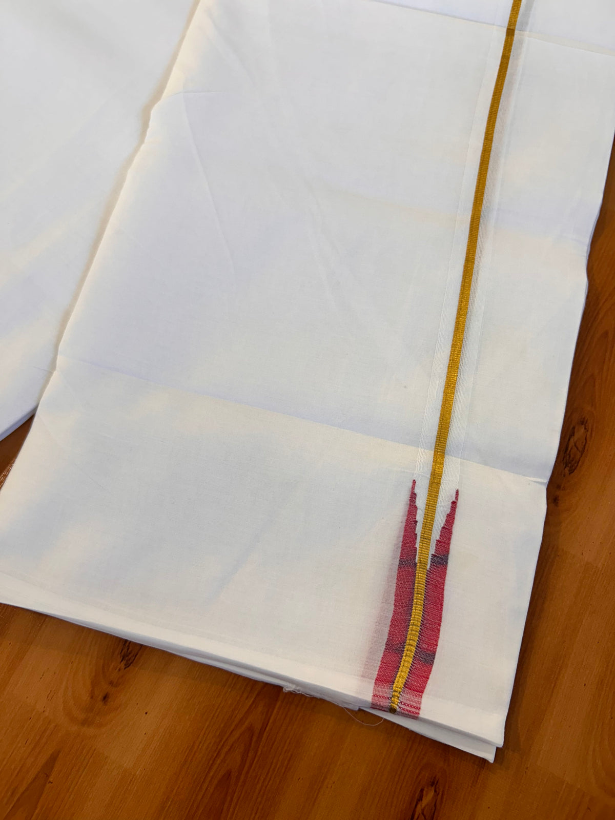 Pure White Double Mundu/Dhoti - 20% Discount! KaithariKada Pulimood - 100% Cotton - 100x100 - 0.75 inch Puliyilakkara Gold Kasav & Red Chutty Kara 4 mtr (8.5 muzham) - 16 KK5534 ASH